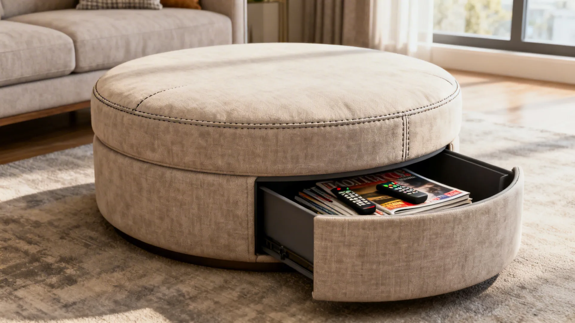 Round ottoman-style coffee table open to show hidden storage for magazines and remotes