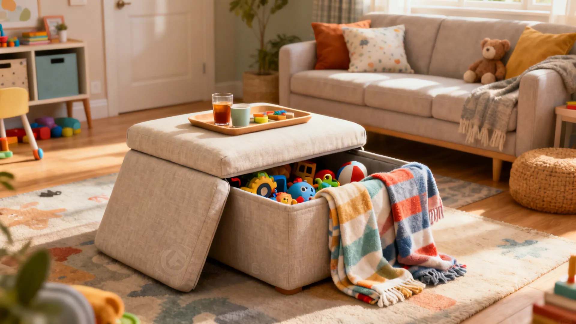 Storage ottoman with removable lid used as seat and tabletop with tray.
