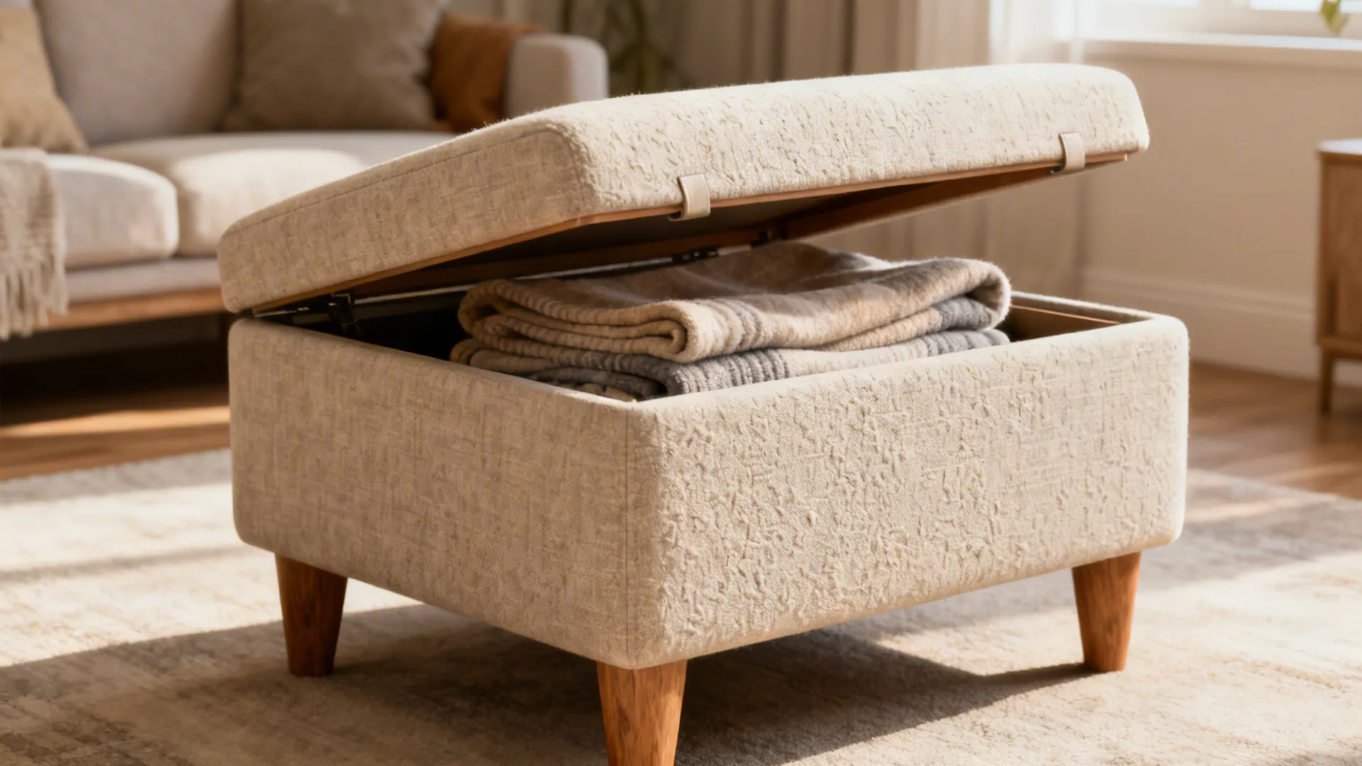 Accent ottoman with lift-up lid showing hidden storage for blankets