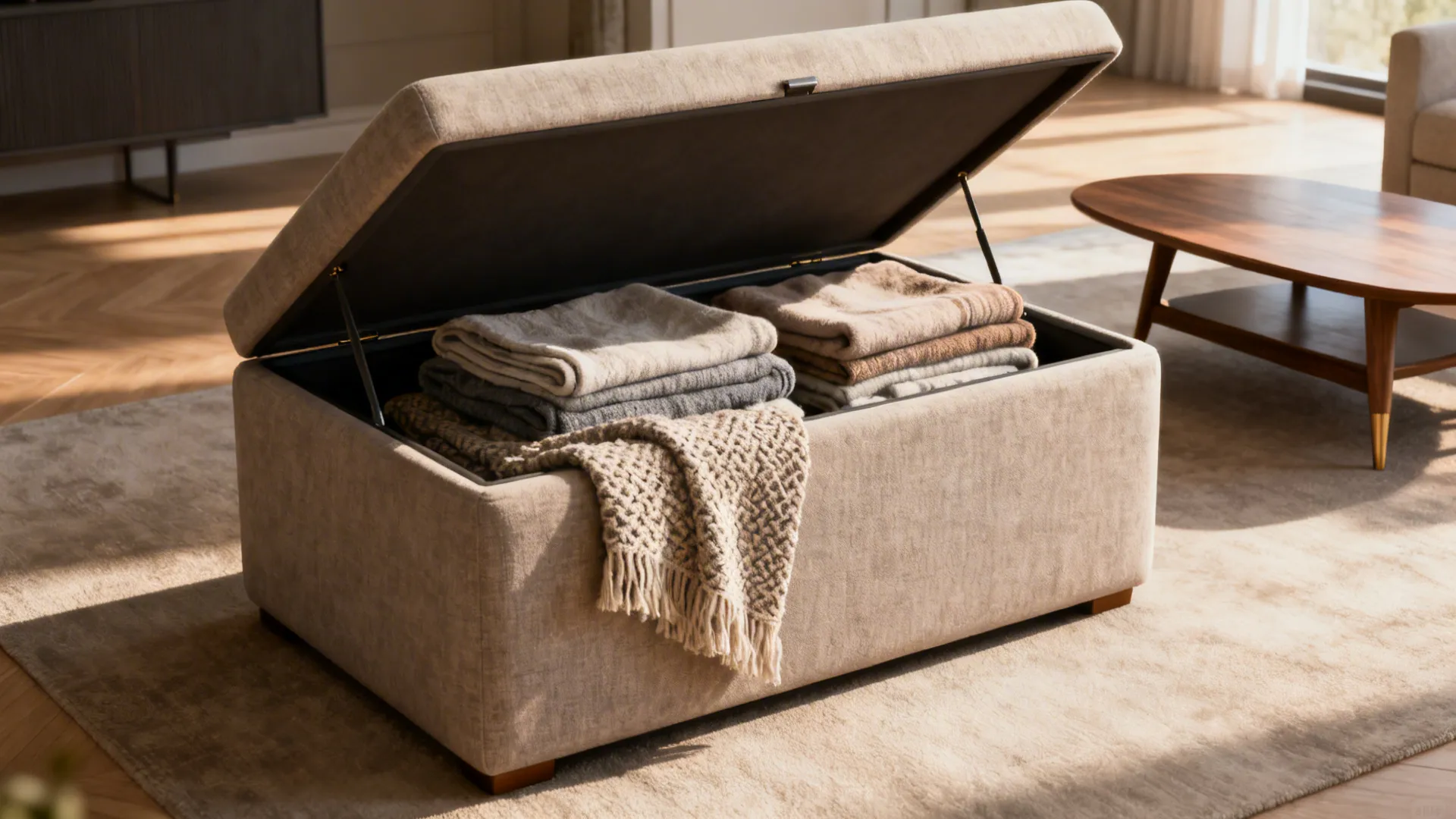 Opened storage ottoman revealing folded blankets, doubling as seating in a small living room