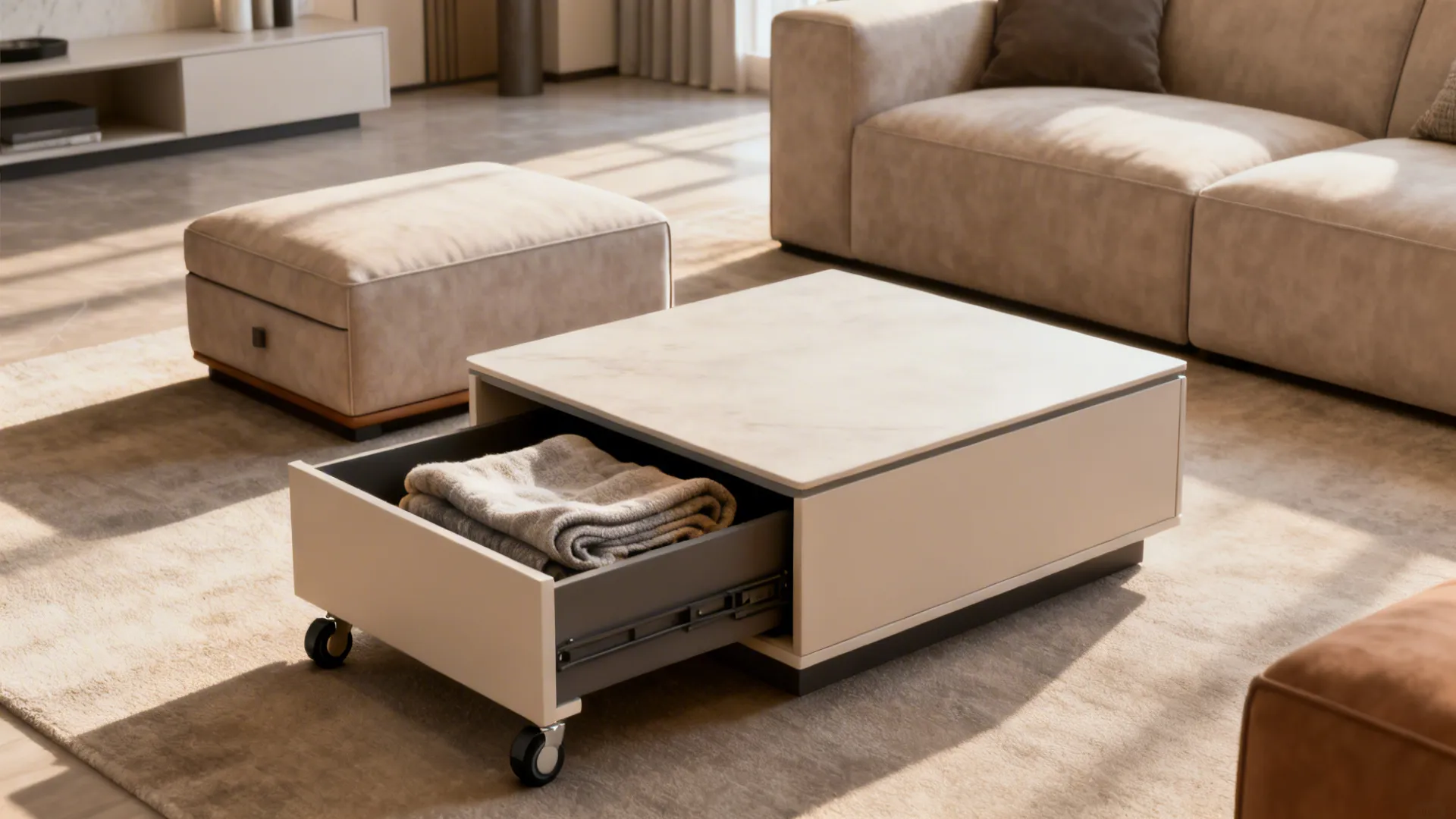 Multipurpose coffee table and storage ottoman used as seating and hidden storage.