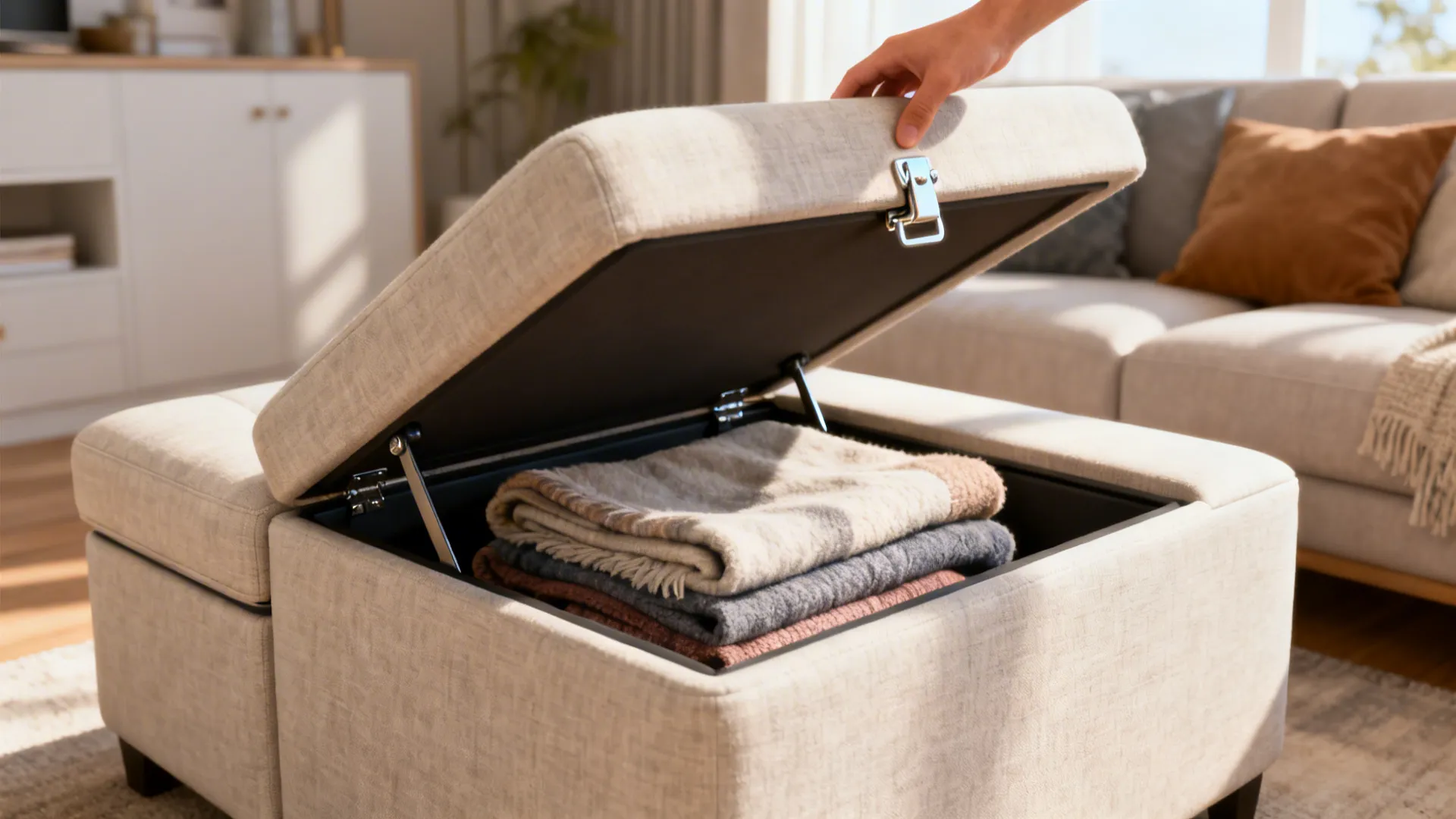 Light-colored storage ottoman open to reveal neatly folded blankets inside.