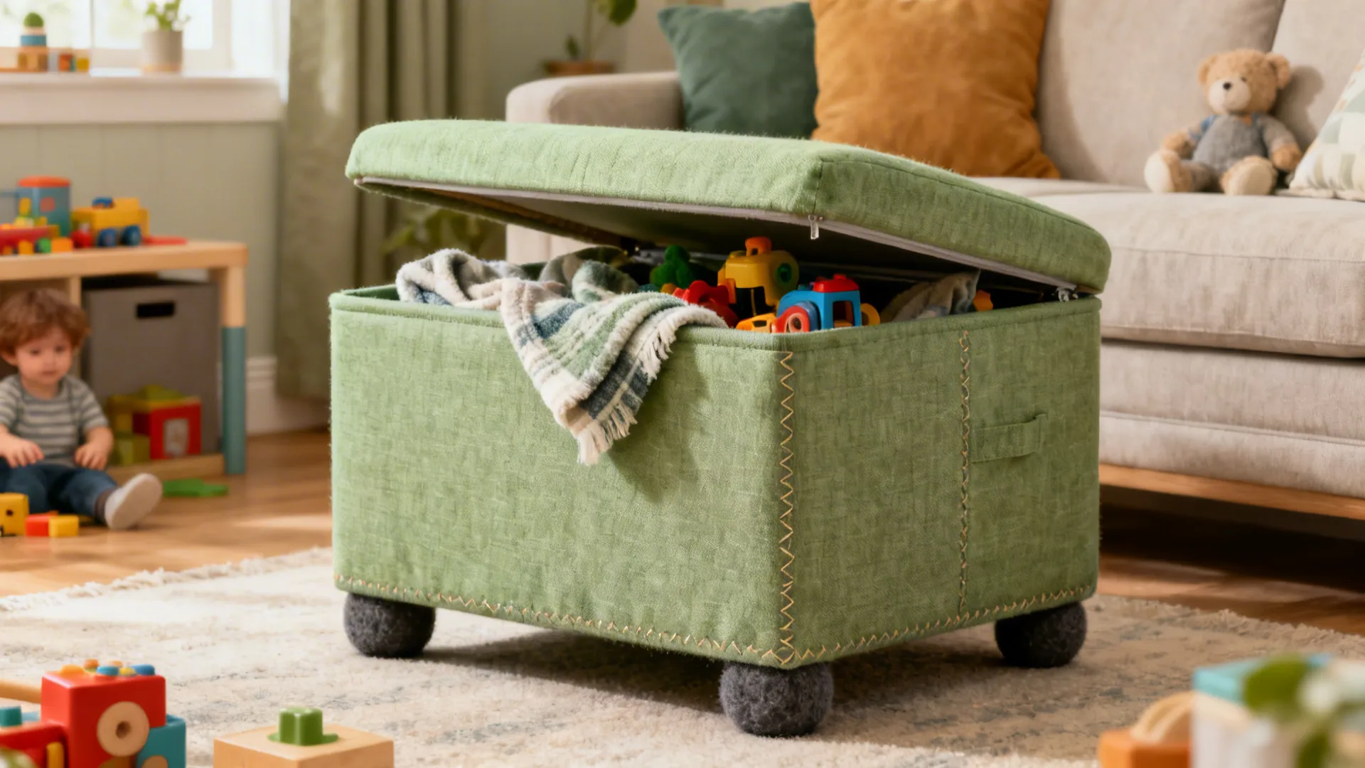 Green fabric footrest with an open lid for storing kids toys and a soft striped blanket