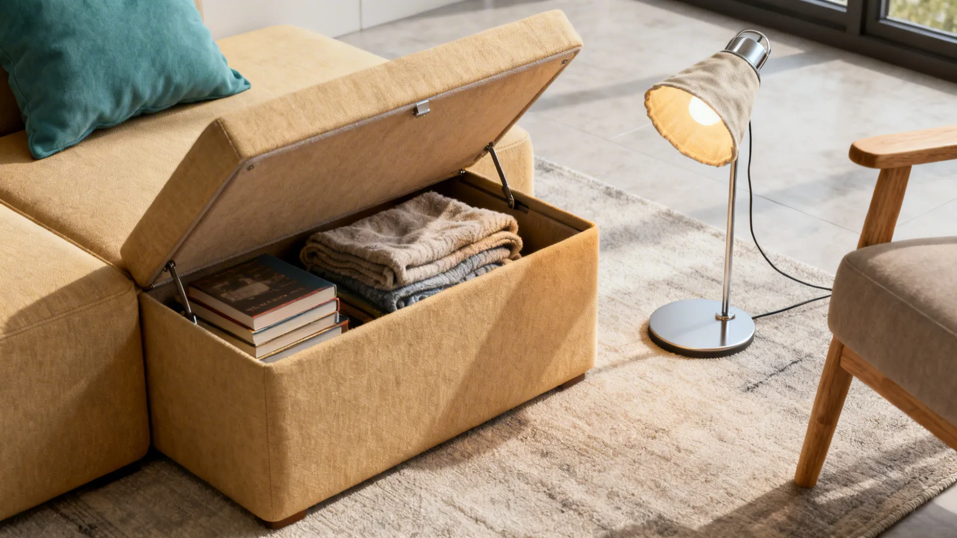 Multi-functional storage ottoman serving as seat and book storage next to a portable floor lamp.