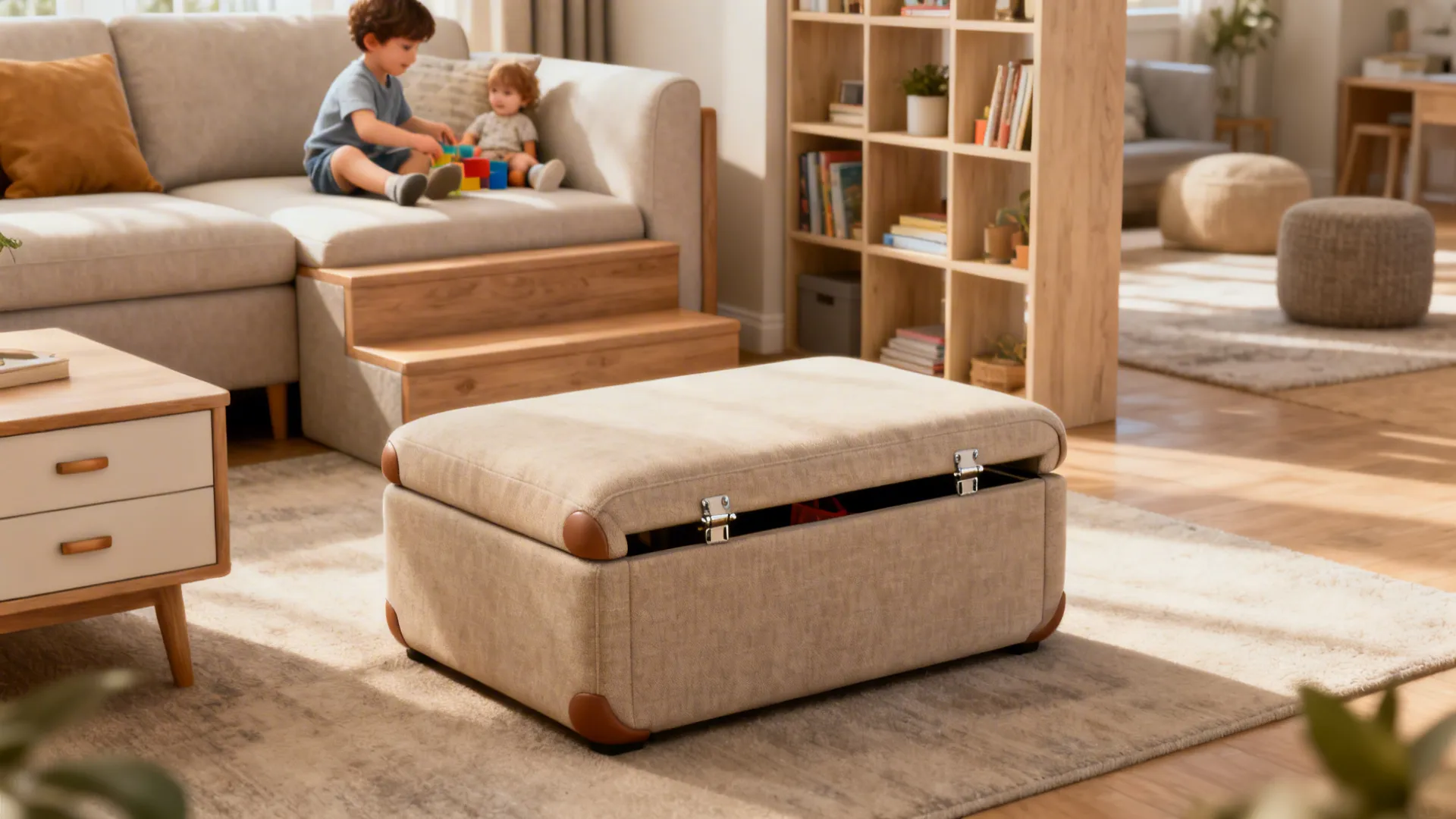 Multi-function storage ottoman and shelving used as a room divider in a small living room