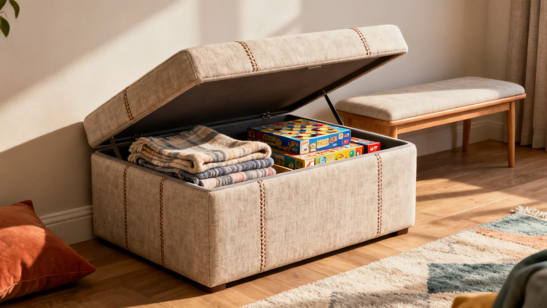 Storage ottoman open to reveal blankets and games beside a slim bench