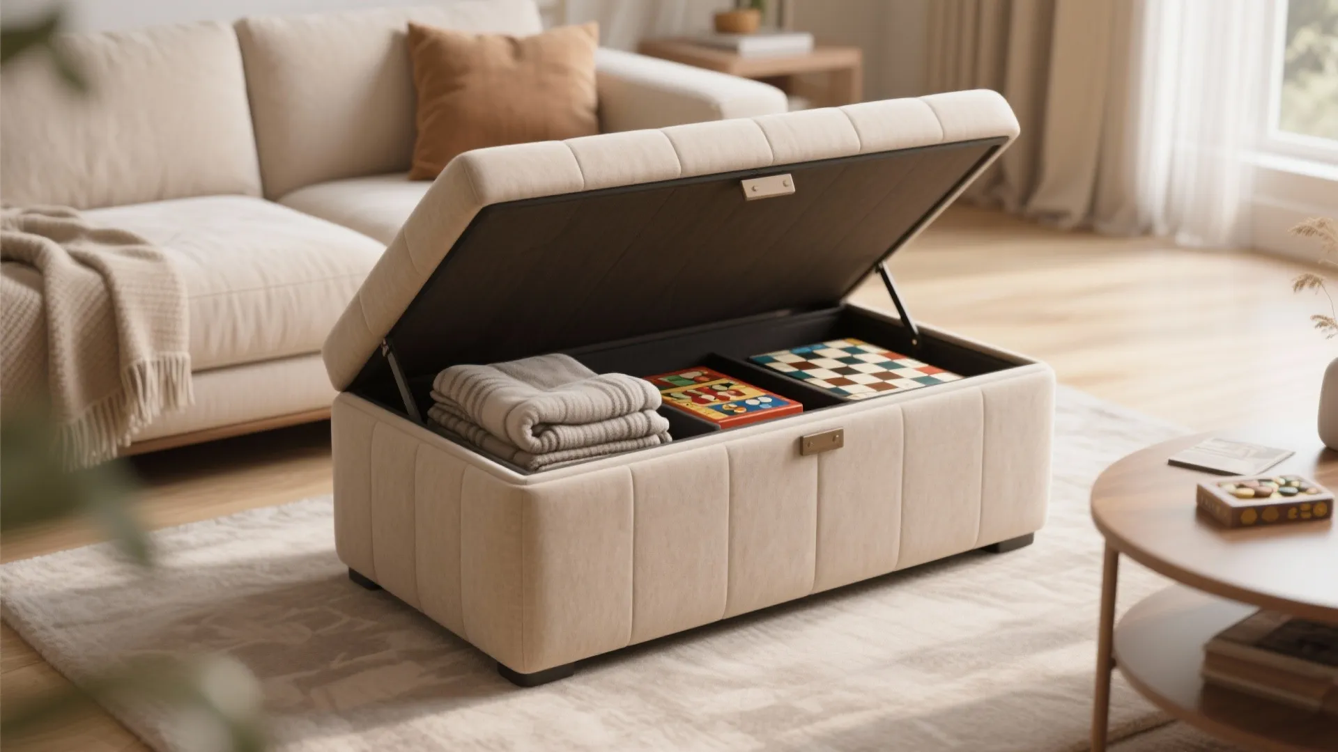Beige storage footrest with open lid showing folded blankets and board games in living room