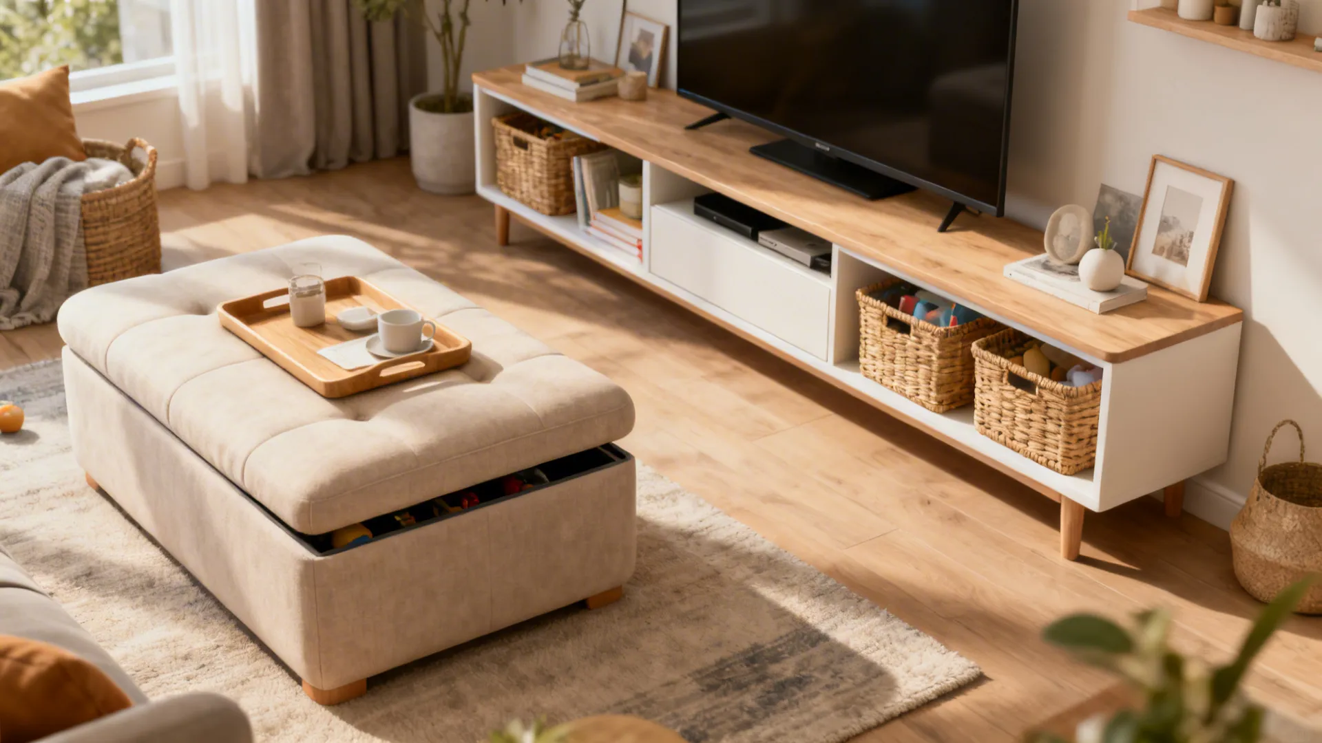 Storage ottoman and long low TV console used to provide surface and hidden storage instead of a coffee table.