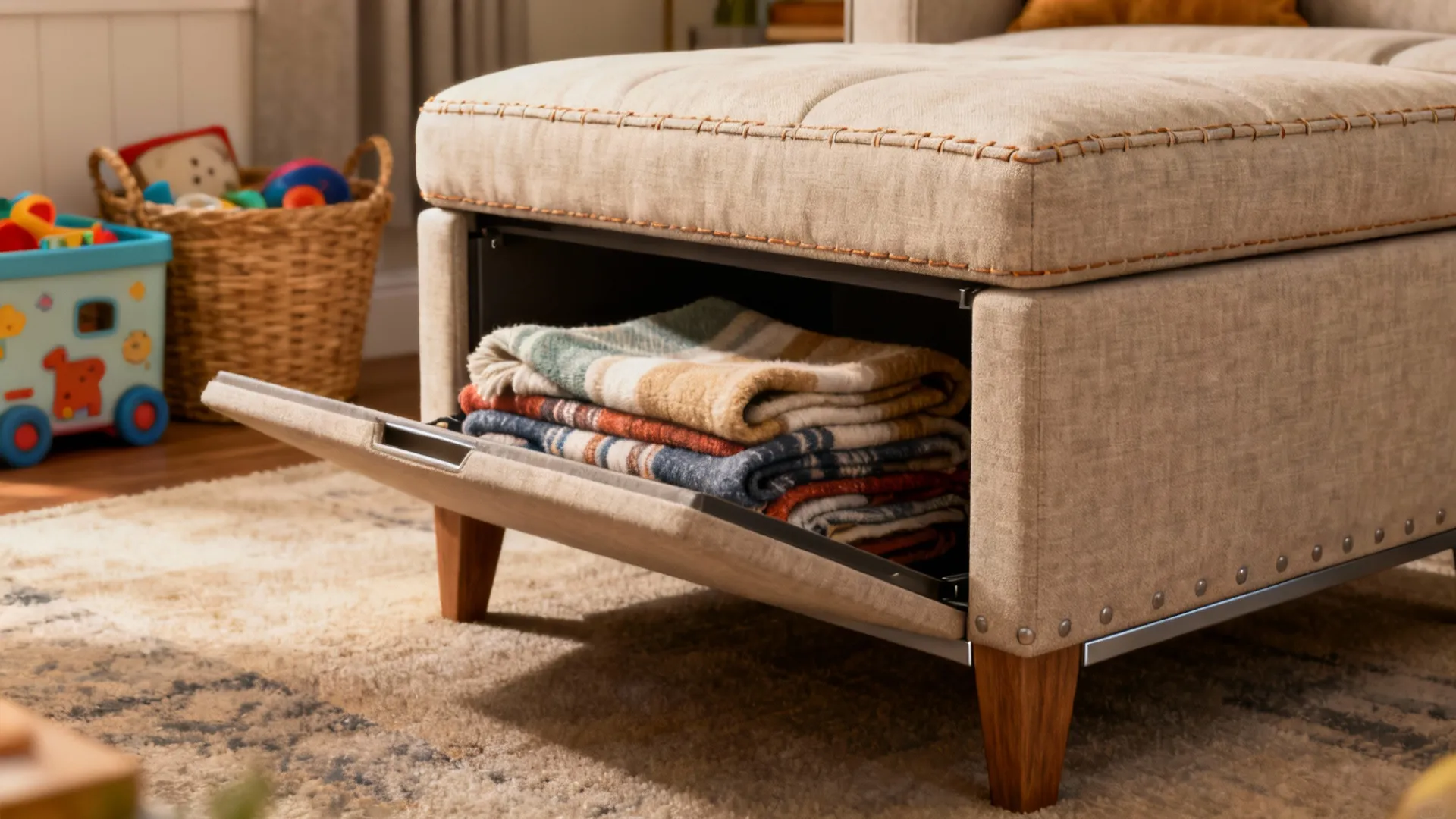 Beige fabric footrest with an open storage compartment filled with folded blankets on a rug