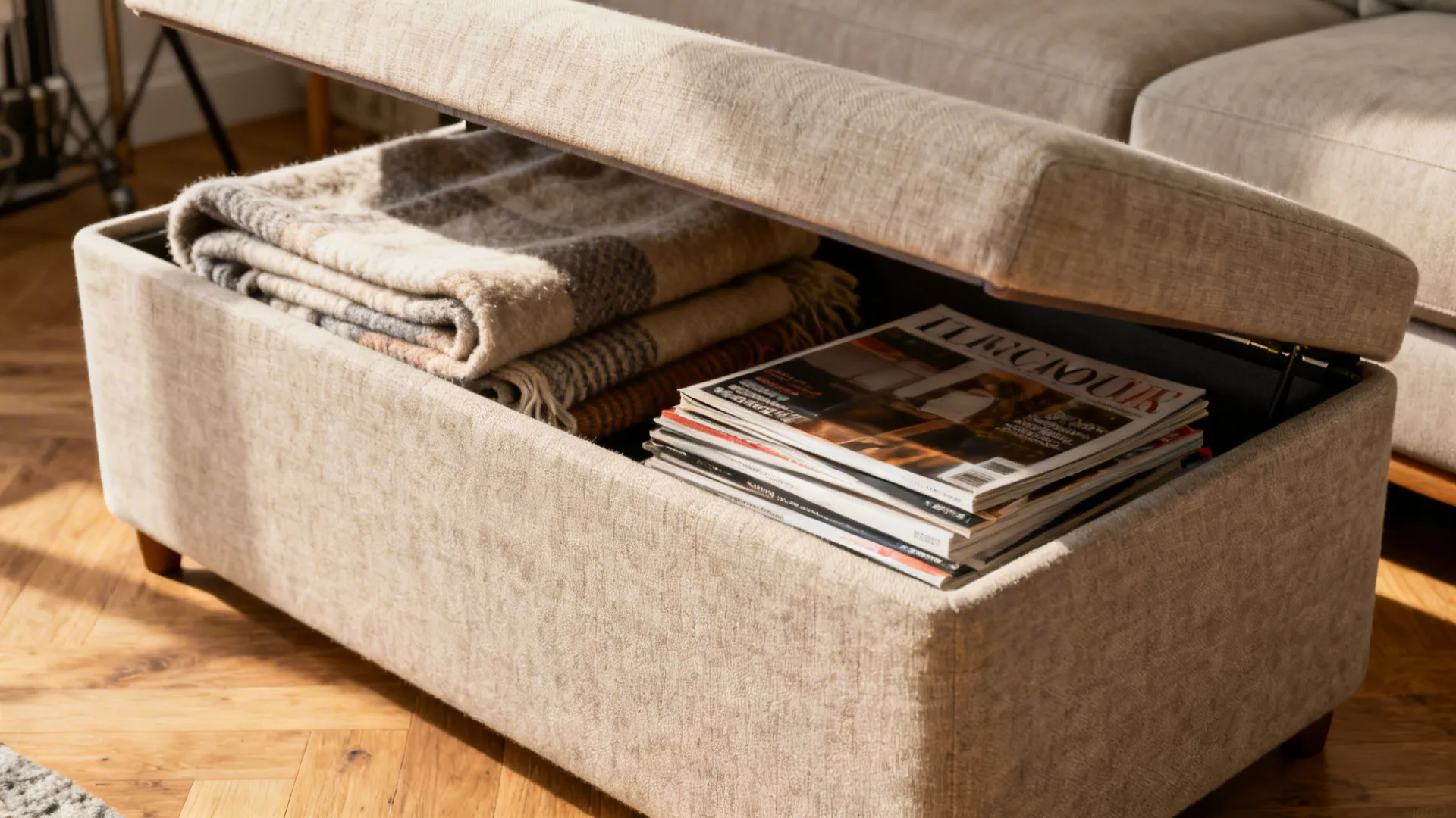 Rectangular storage ottoman with lid open showing throws and magazines in a small living room.