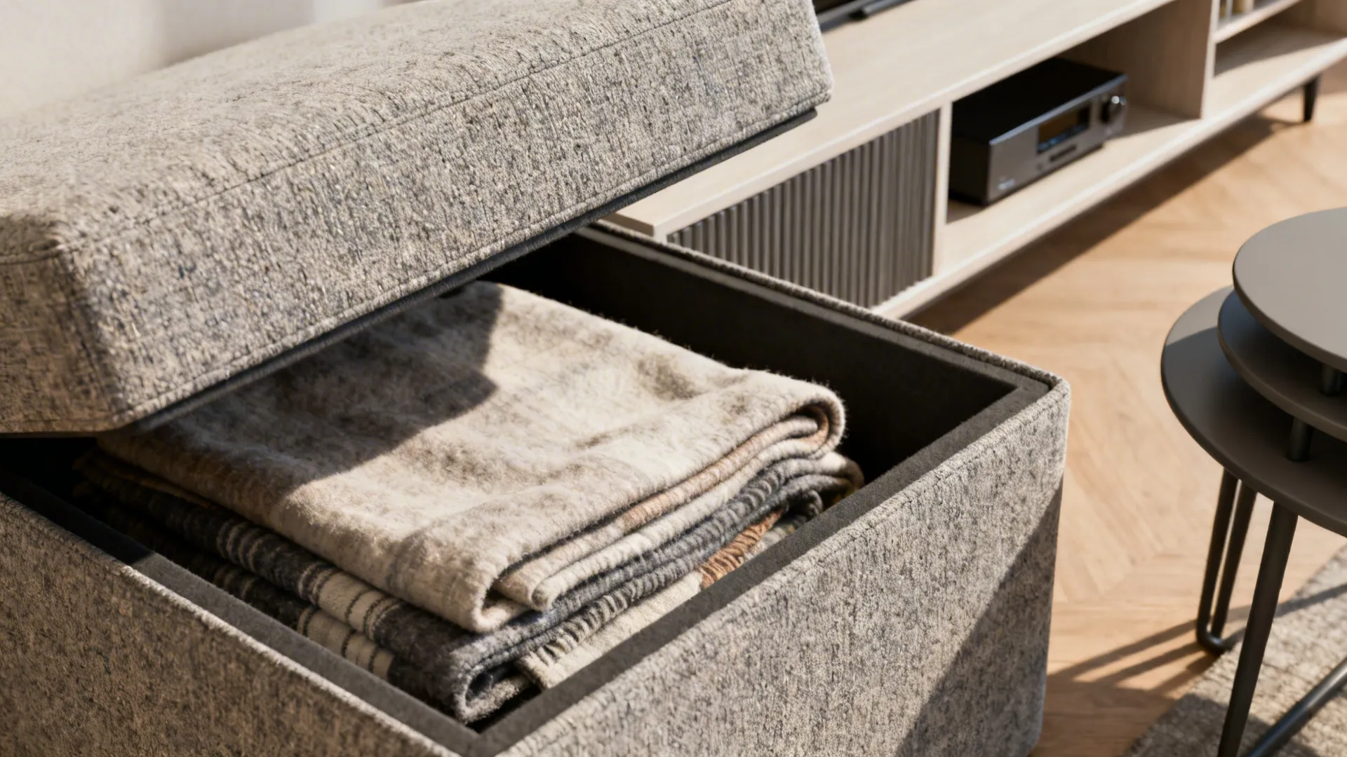 Close-up of a storage ottoman open with blankets and a slim console with integrated shelving in a small living room.