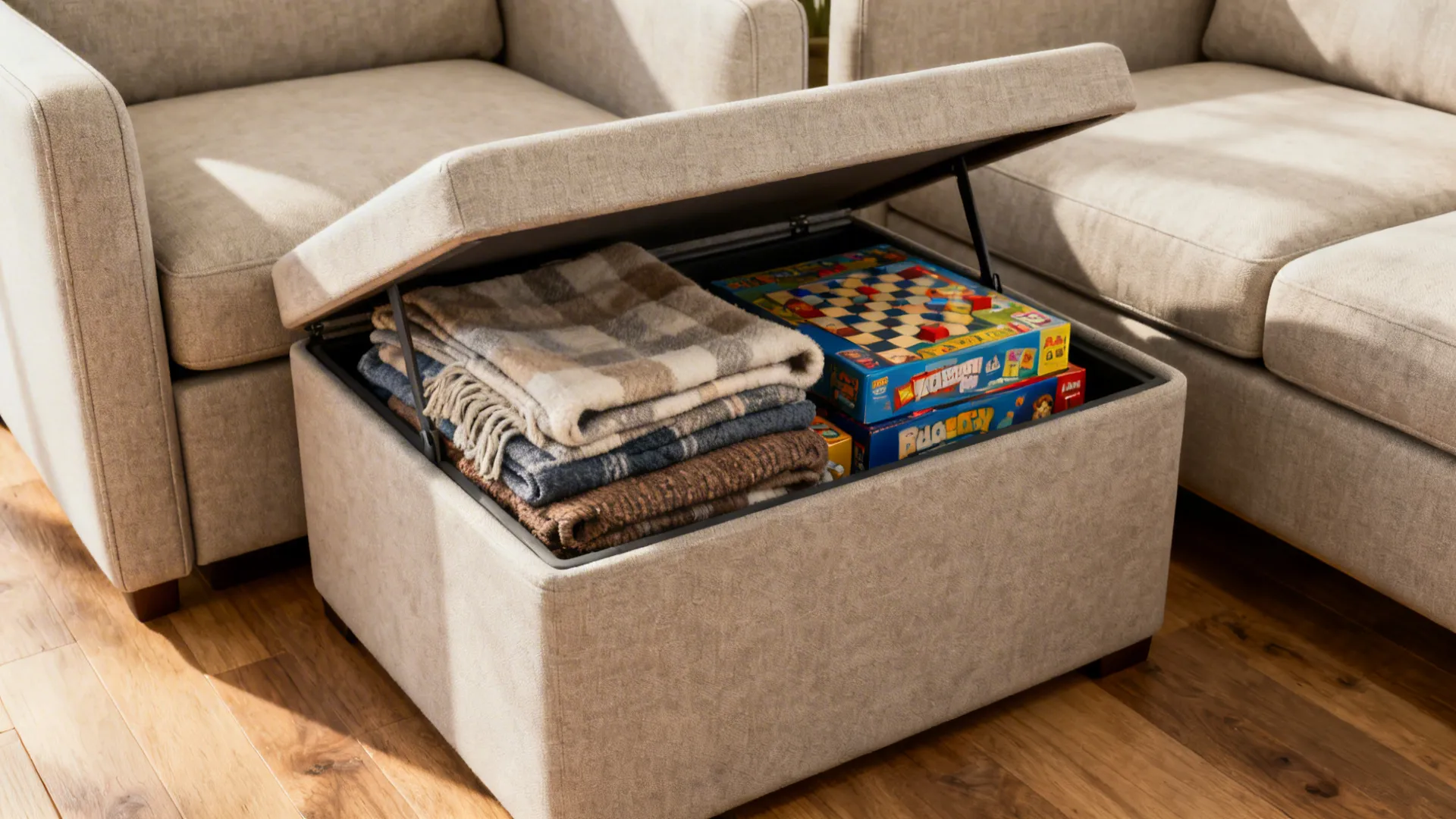 Open storage ottoman with blankets inside between a compact sofa and loveseat