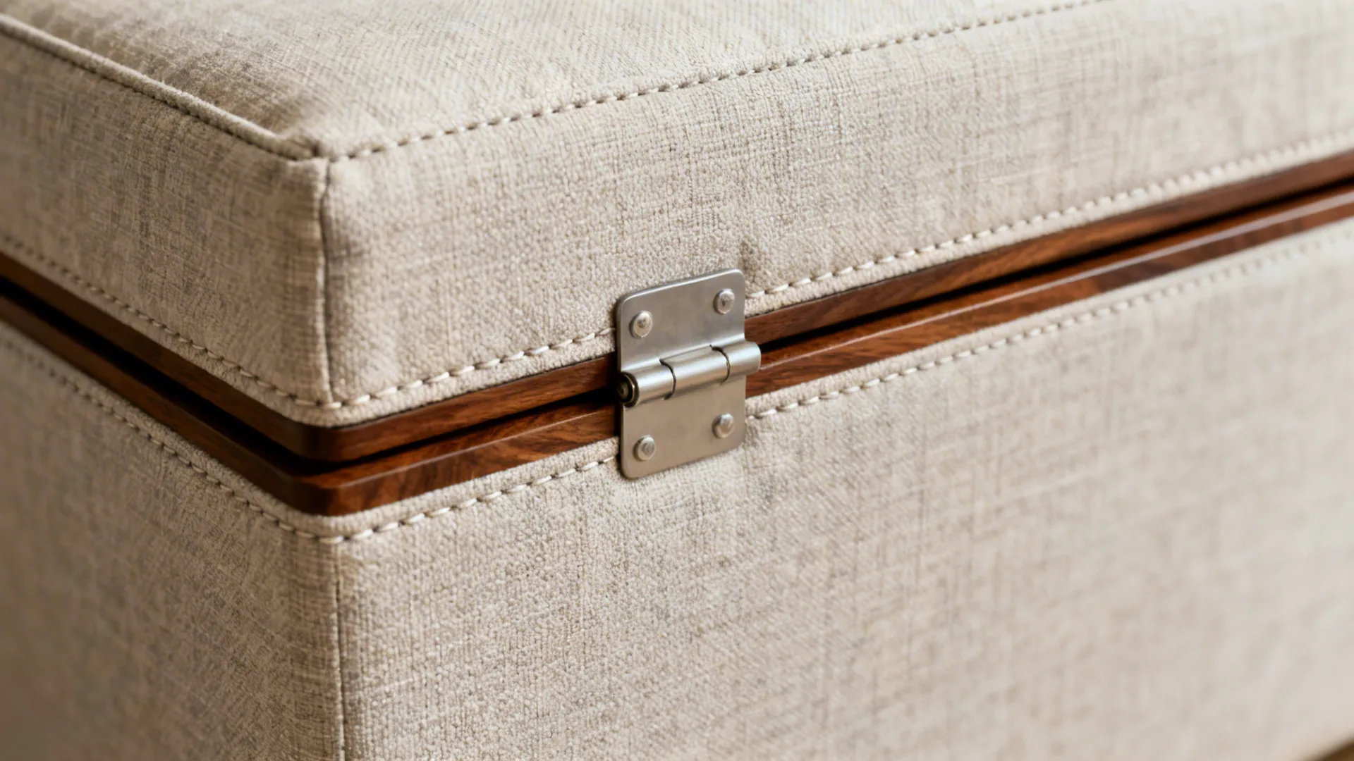 Close-up of storage ottoman hinge and textured upholstery with neat stitching and wood trim.