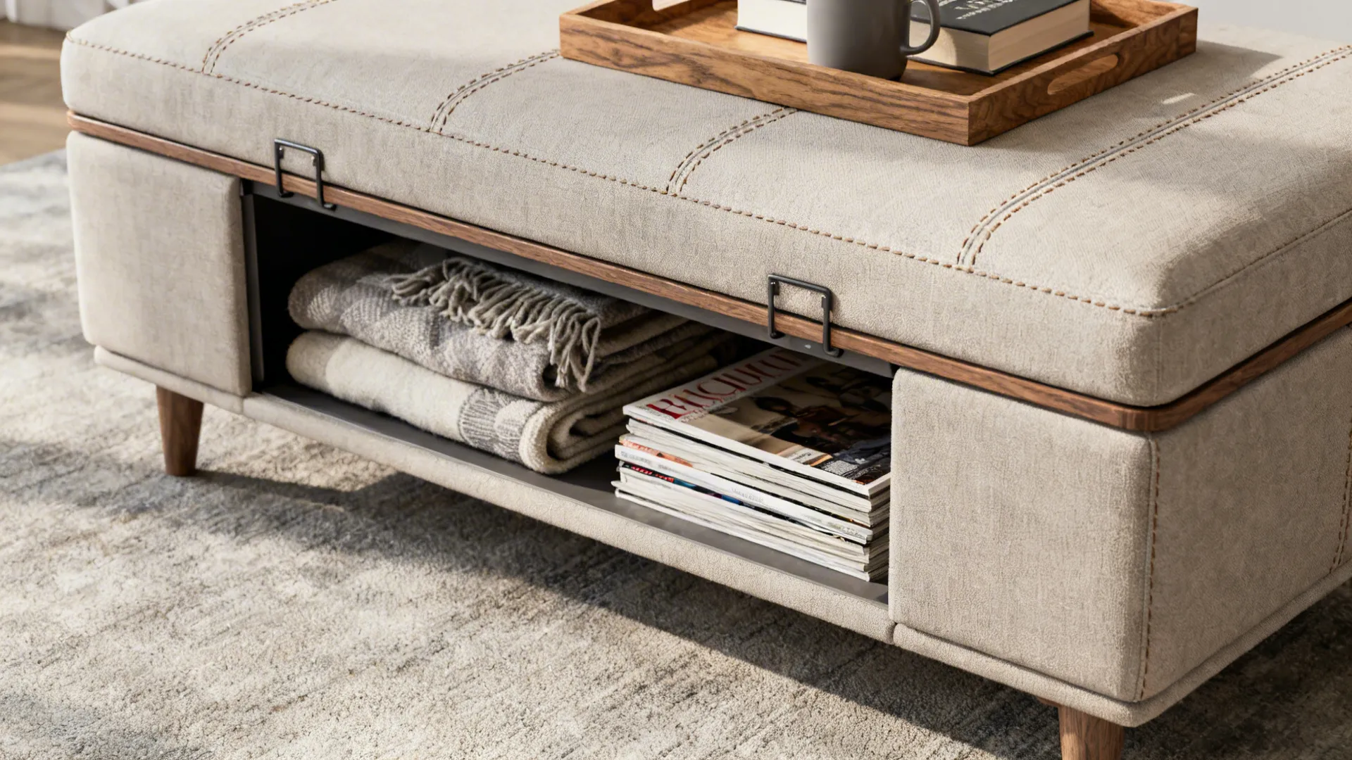 Low storage ottoman open to show blankets and magazines, with a tray on top.
