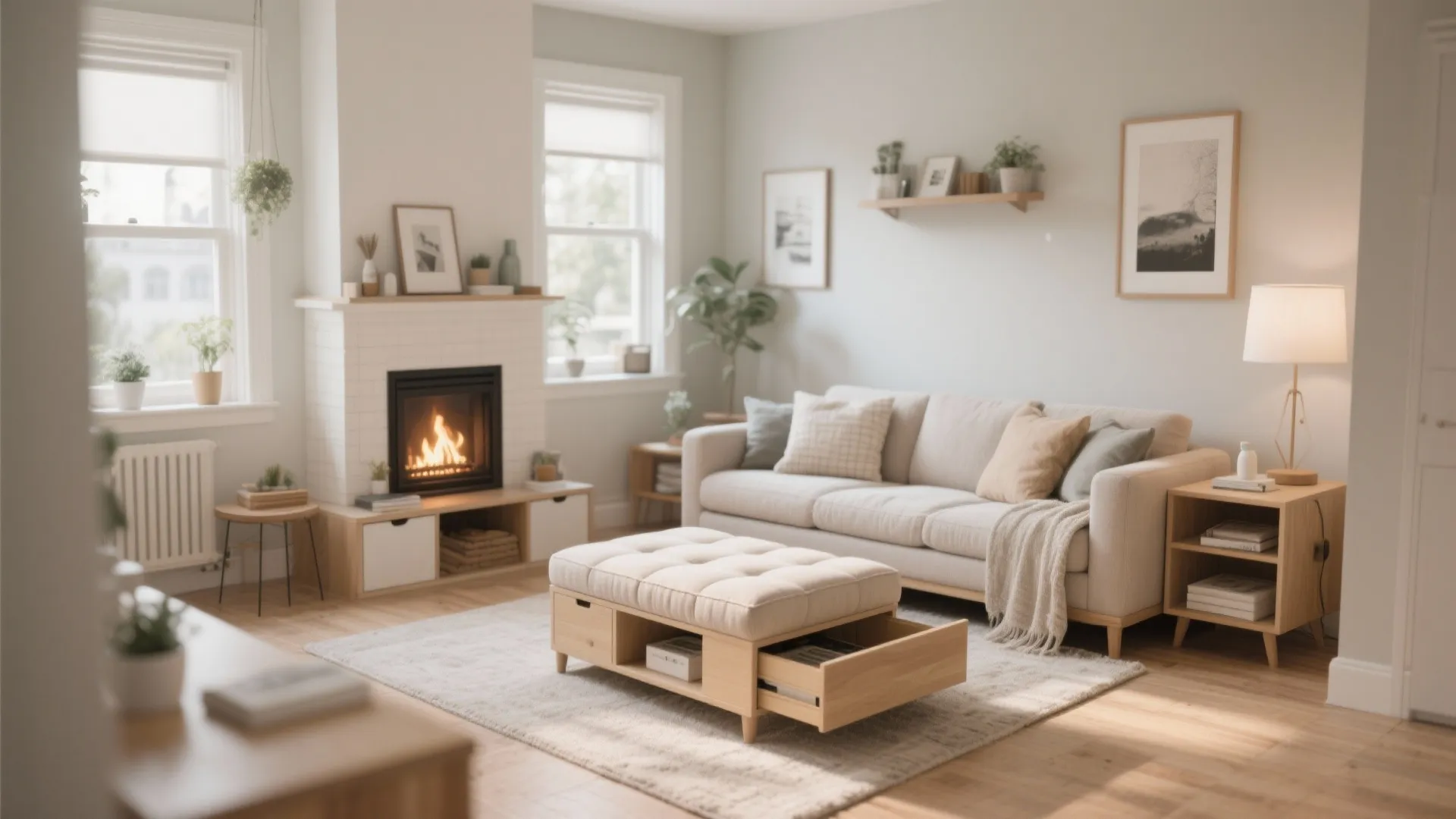 Modern living room featuring a white fireplace beige sofa and a wooden footrest with drawers