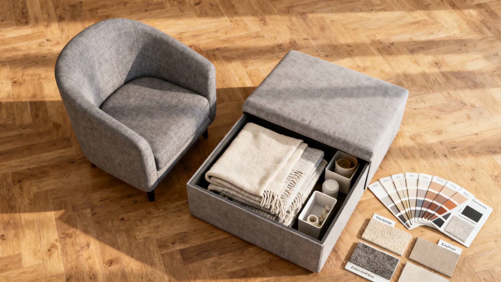 Top-down view of a compact gray chair and an open storage ottoman with blankets and material samples.