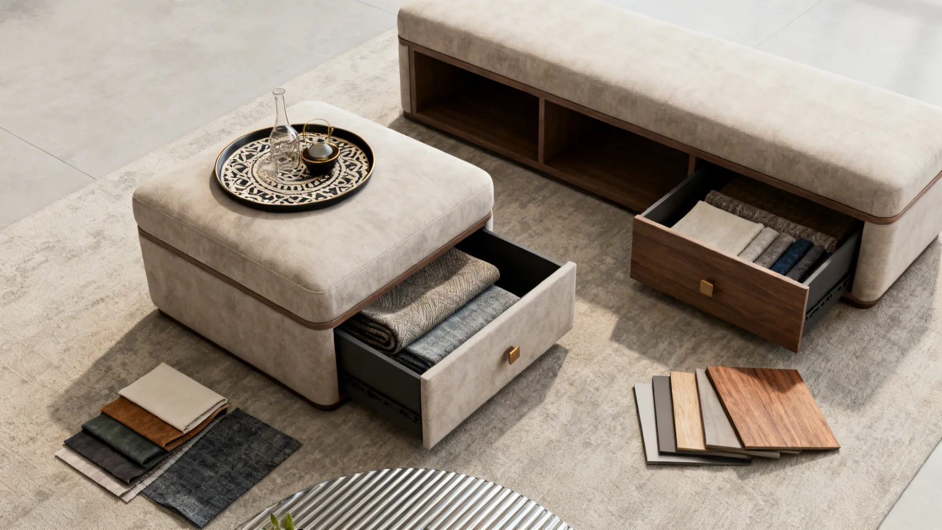 Top-down flatlay of a storage ottoman, bench and material swatches showing multifunctional options.