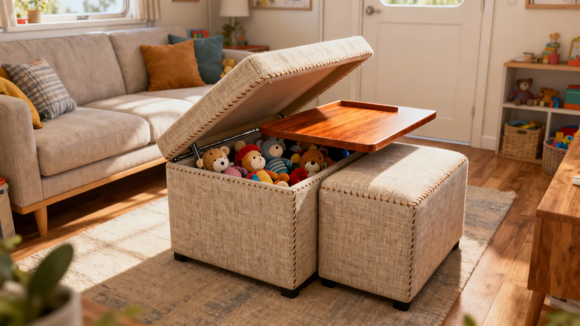 Movable storage ottoman with lift-top storing soft toys in a small living room.