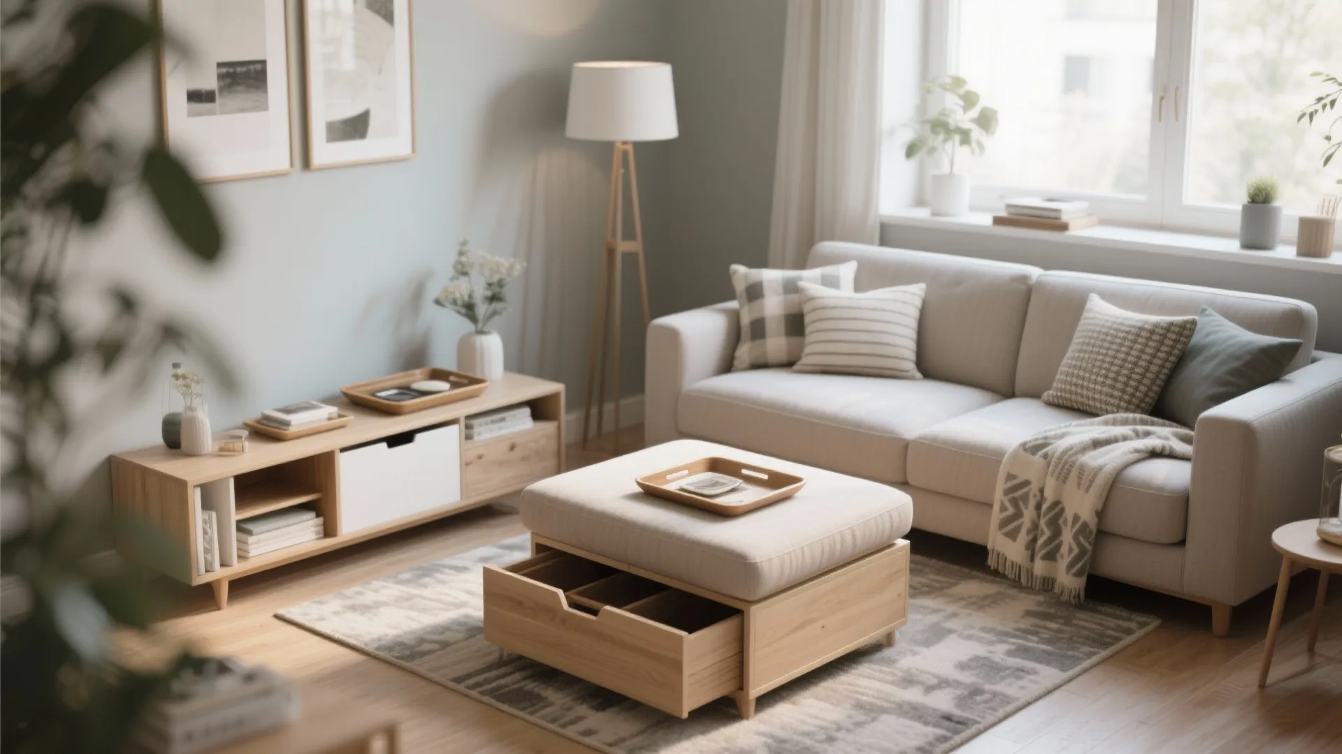 Living room with multifunctional storage ottoman and cozy decor