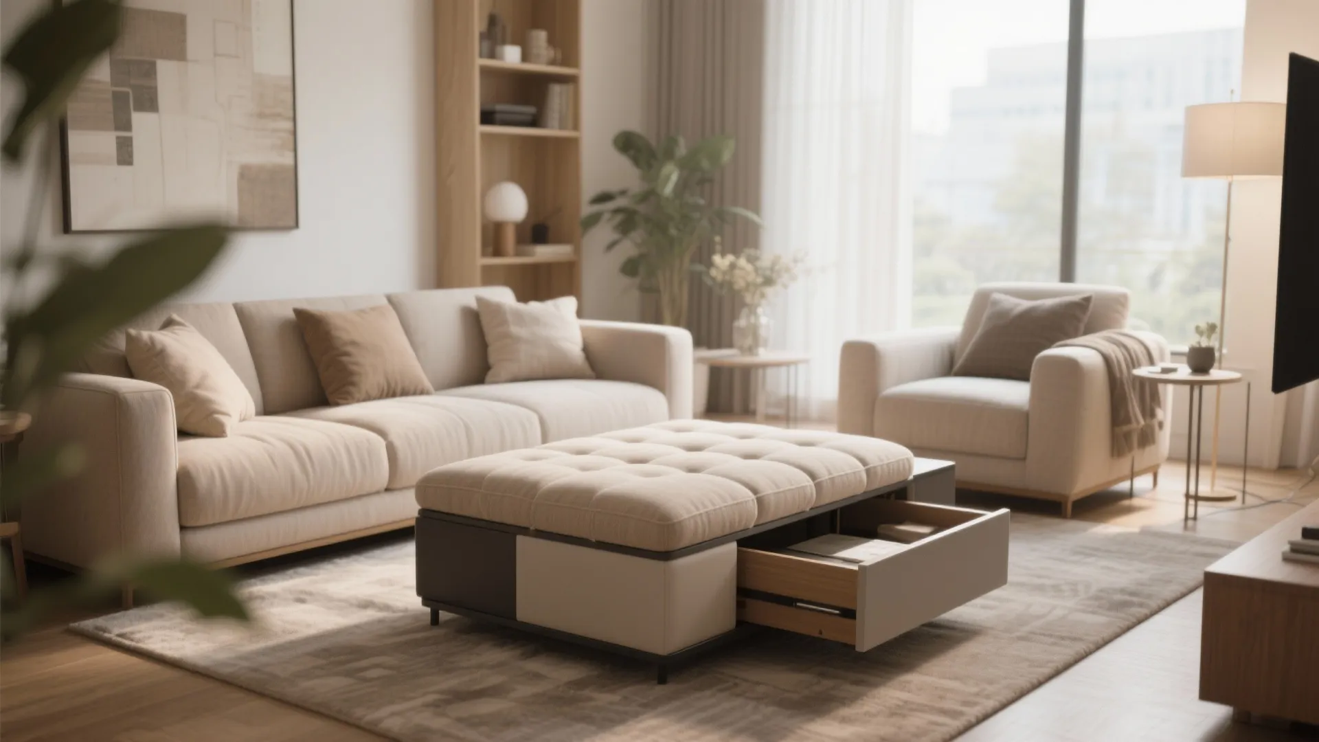 Living room featuring a footrest with storage drawer placed between two comfortable light beige sofas