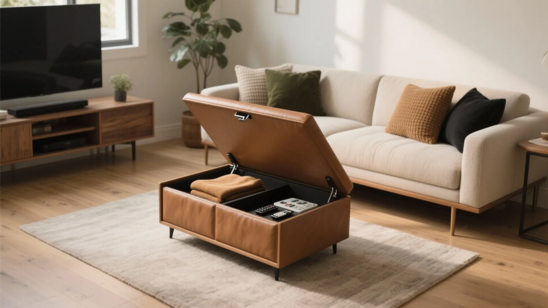 Brown leather storage footrest open with folded blanket and remote controls inside a living room