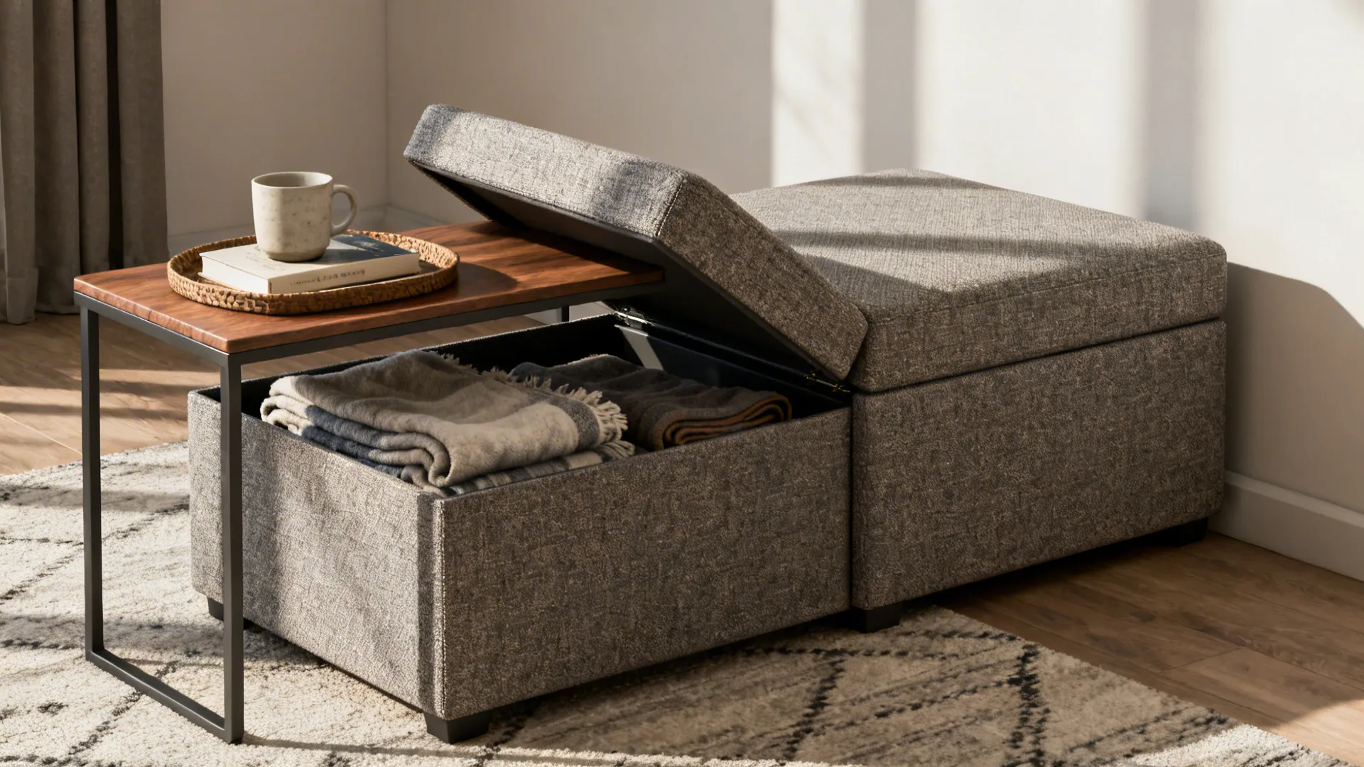 Storage ottoman with blankets next to a narrow coffee table with a tray and cup.