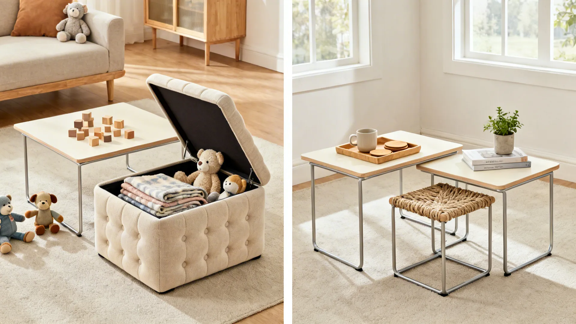 Before-and-after showing a hard table replaced by a storage ottoman with a tray in a small living room.