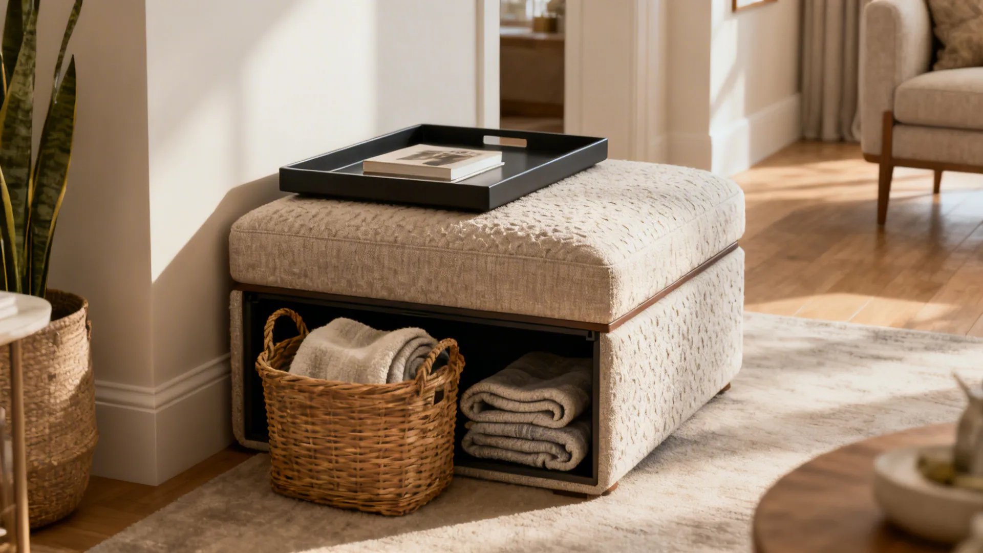 Storage ottoman with a hard tray top serving as seating and a table, styled with a coaster and small vase.