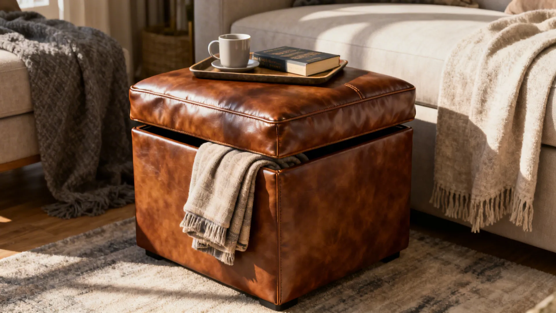 Small storage ottoman used as an end table with a tray holding a cup and book.
