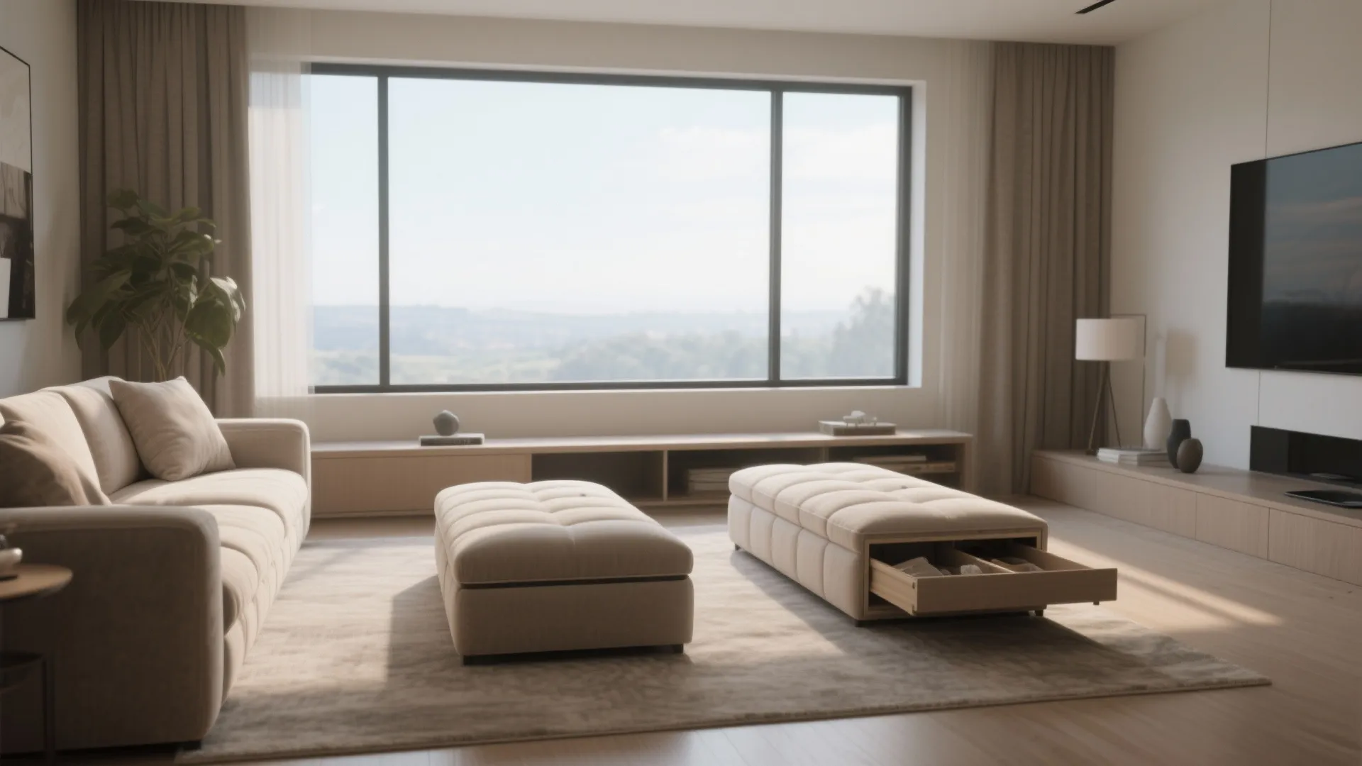 Minimalist living room featuring a tan sofa two storage footrest pieces and a large window