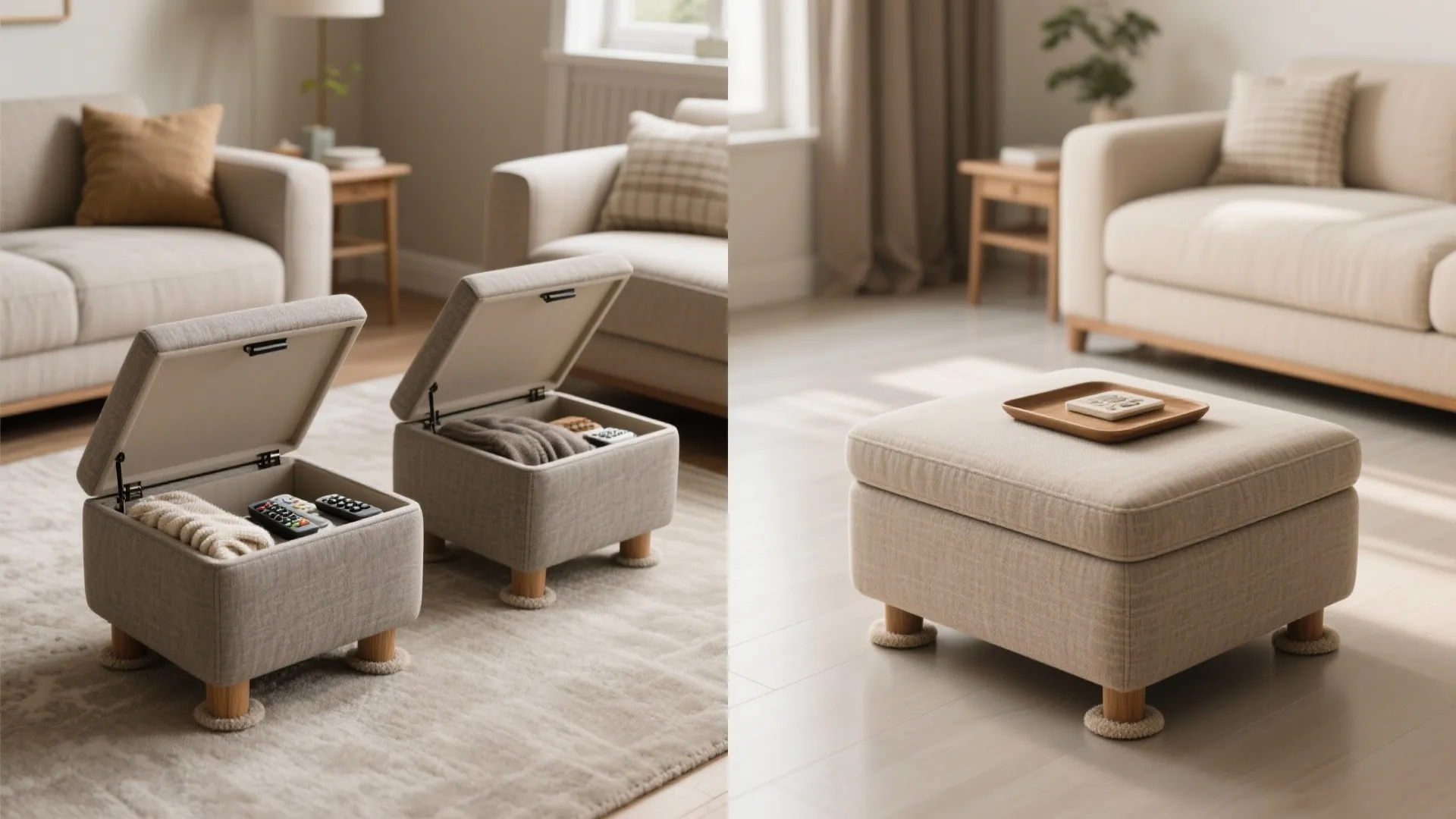 Before and after comparison of open storage footrests containing remote controls versus a closed footrest top