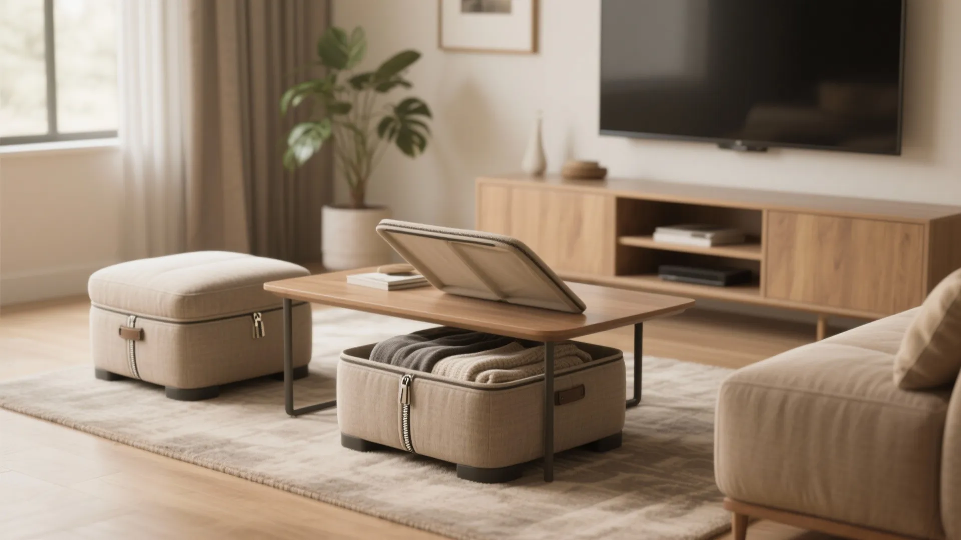 Modern living room featuring two fabric footrest storage boxes under a wooden coffee table setup