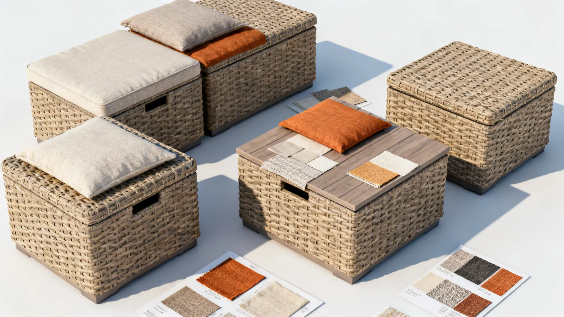 Woven storage footrest boxes with orange and beige cushions and material samples on white floor