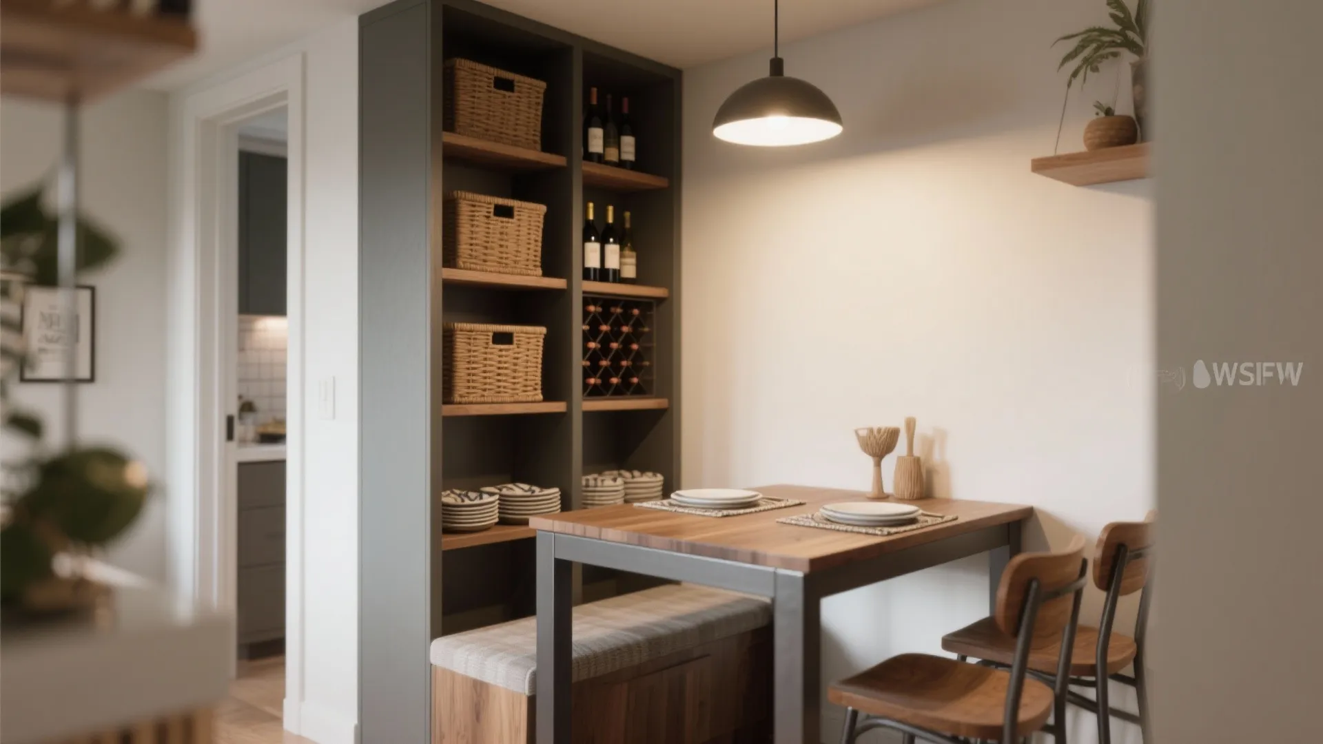 Counter-height table paired with slim vertical storage and baskets to maximize function without bulk.