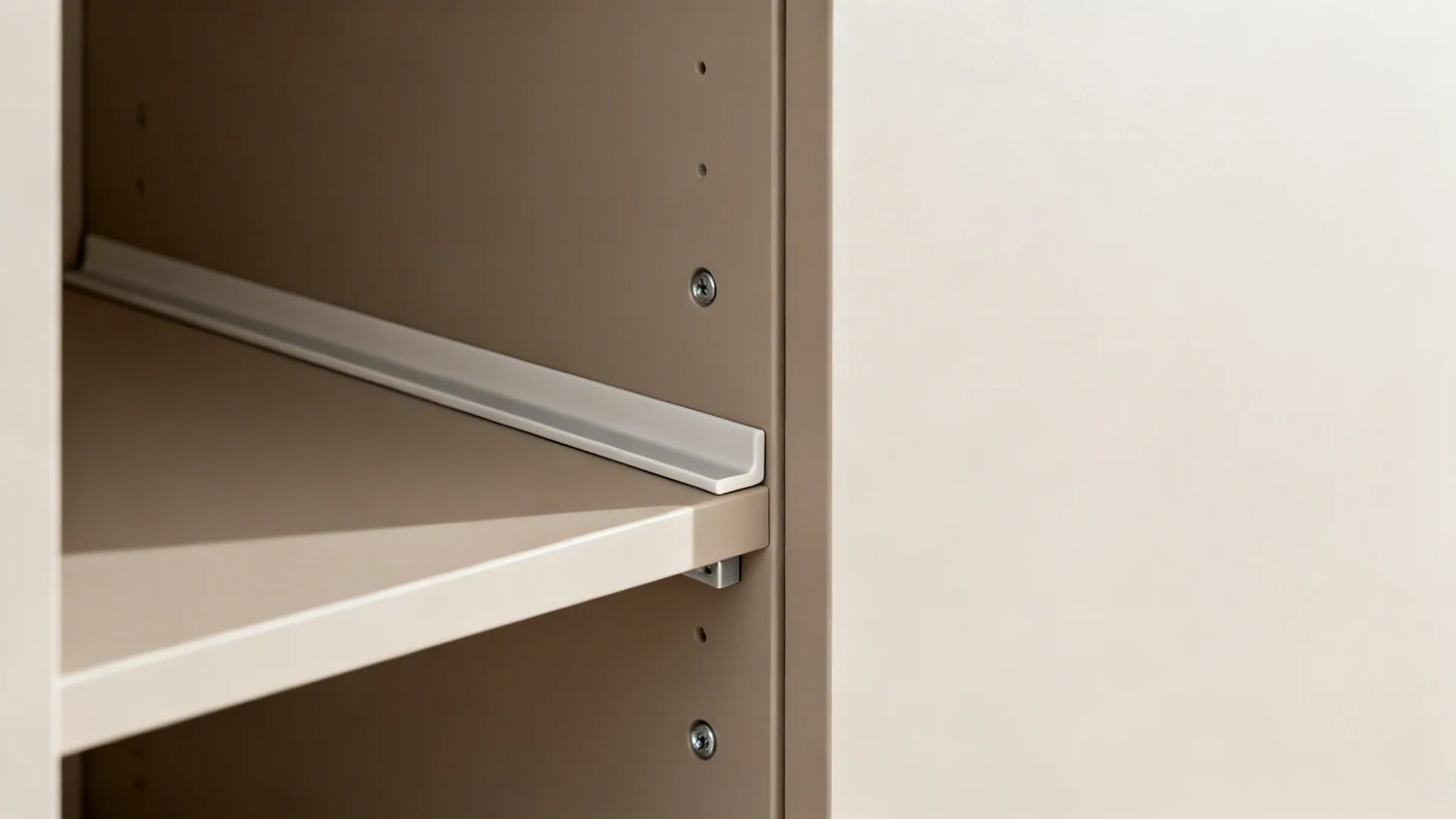 Macro of integrated organizer shelves and concealed hinge on a PVC door.