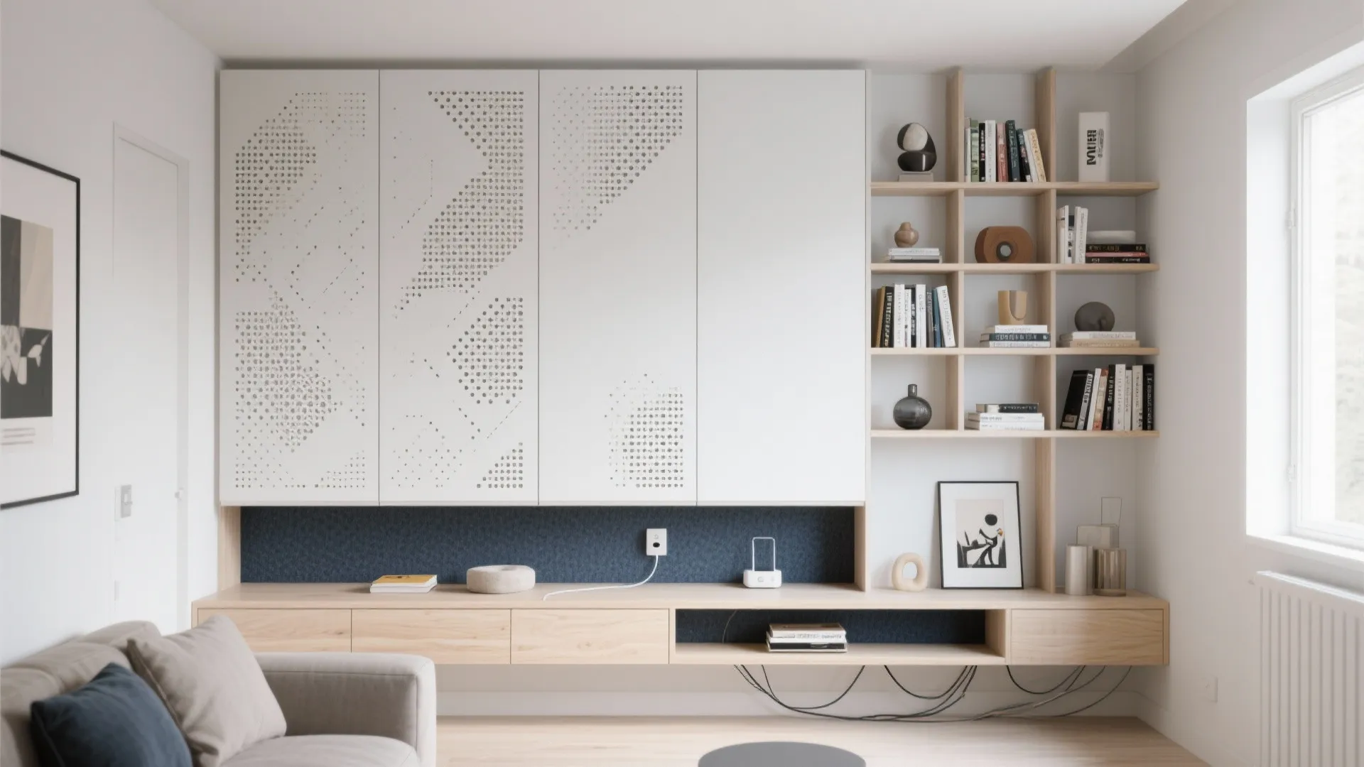 Custom white cabinet system and wooden wall shelves holding books in a bright living room