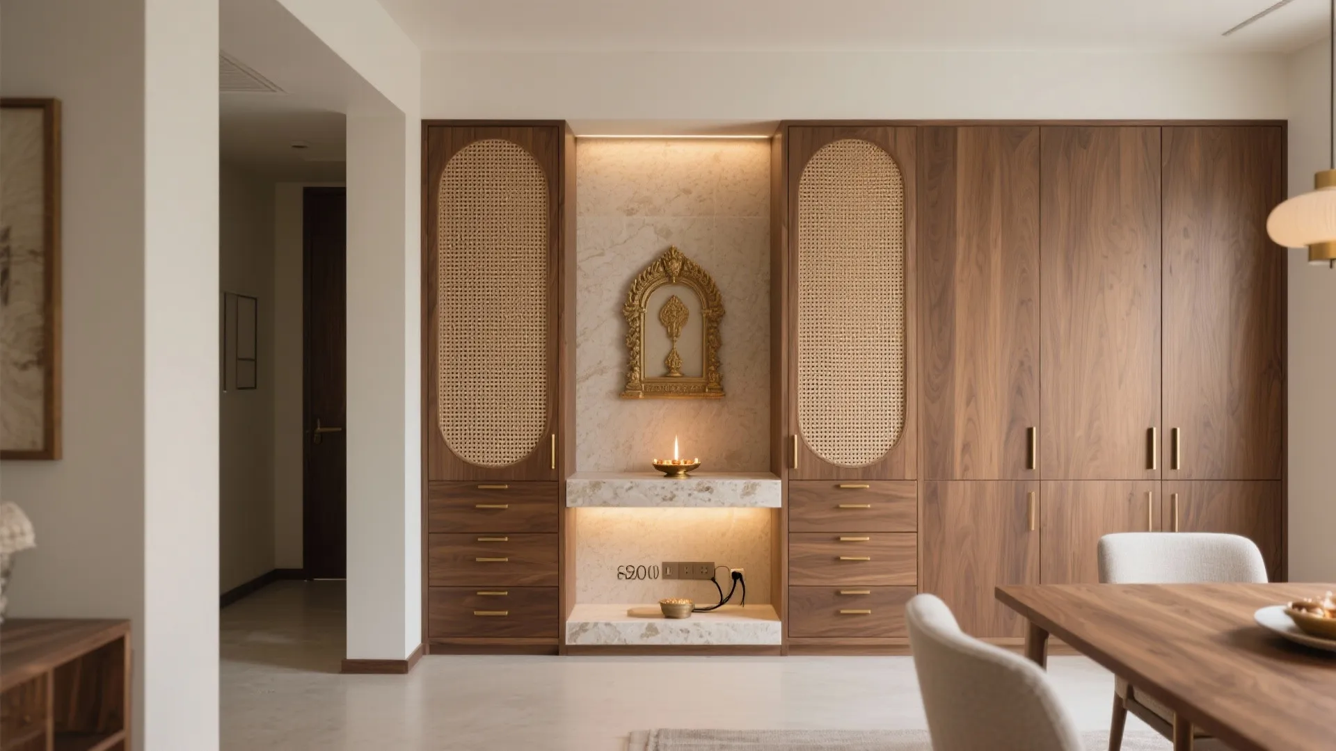 Modern wooden cabinet with mesh doors, marble prayer niche, lit candle, drawers, and dining room table