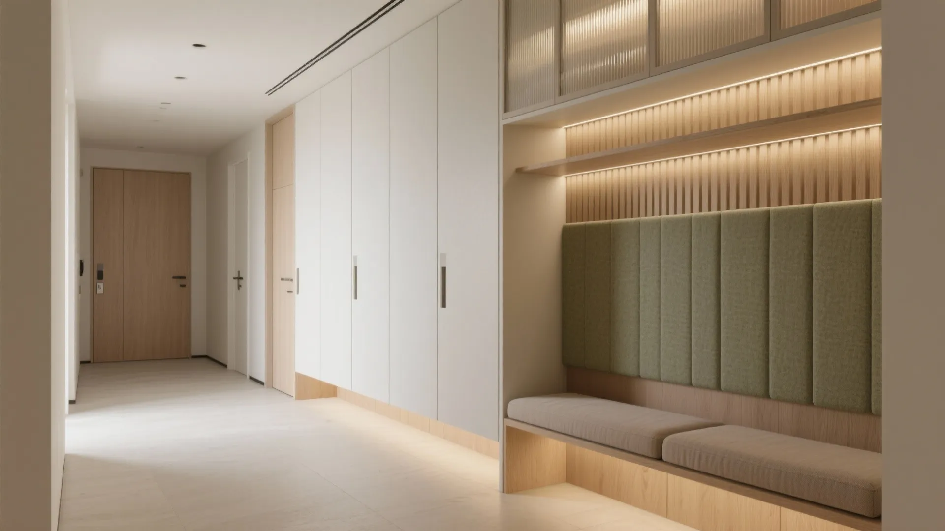 Modern hallway entrance with white storage cabinets wooden bench seat green wall panel and warm lighting