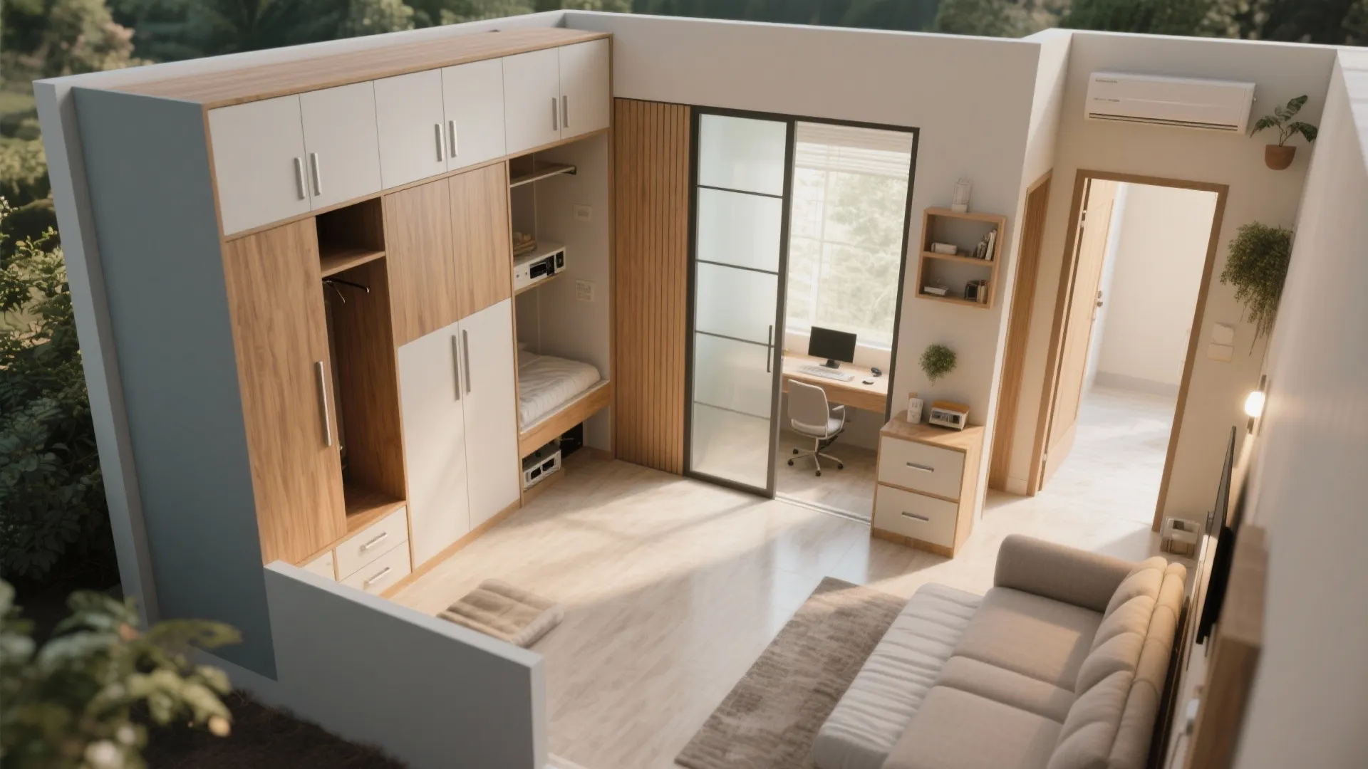 A storage wall plus a sliding partition for privacy