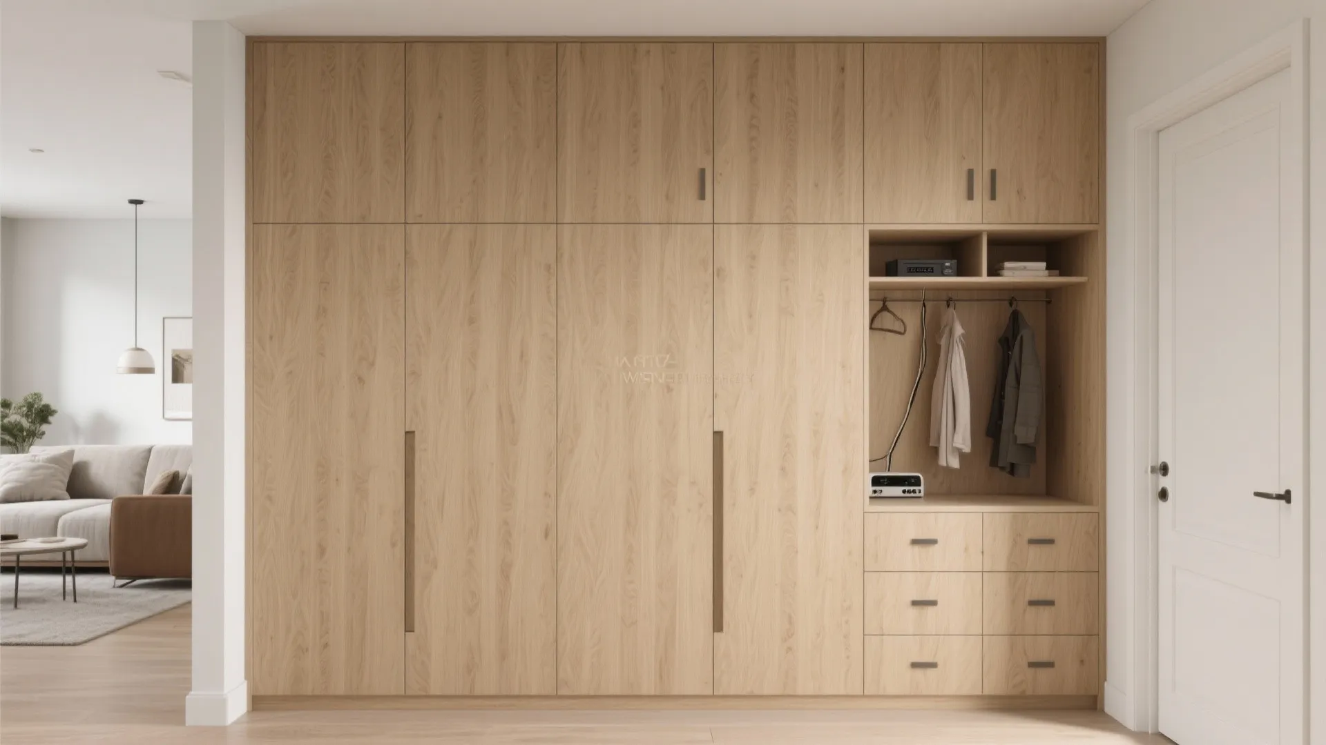 5) Storage-First Partition: Veneer + Hidden Cabinets
