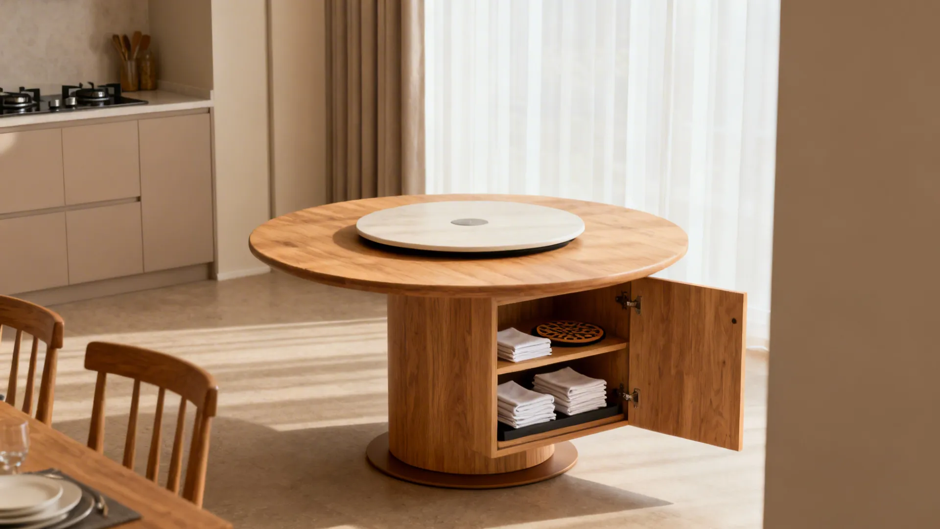 Round wood dining table with stone top and open cabinet base storing folded white cloth napkins