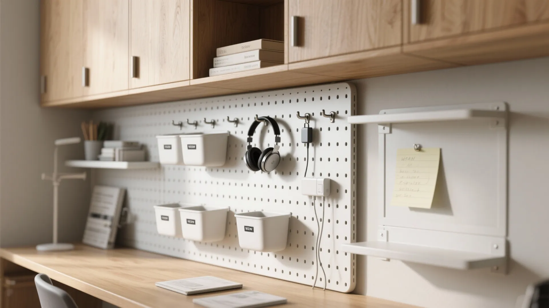 Storage wall + pegboard to declutter surfaces