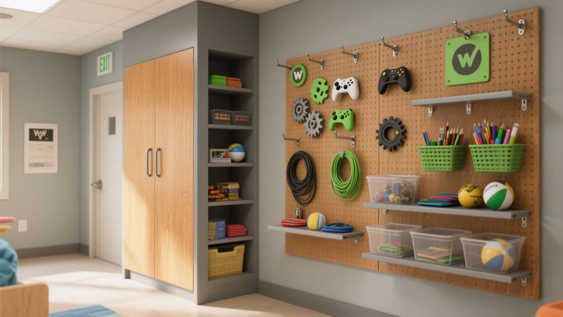 Storage pegboard on wall with hooks holding game controllers gear tools and small green baskets