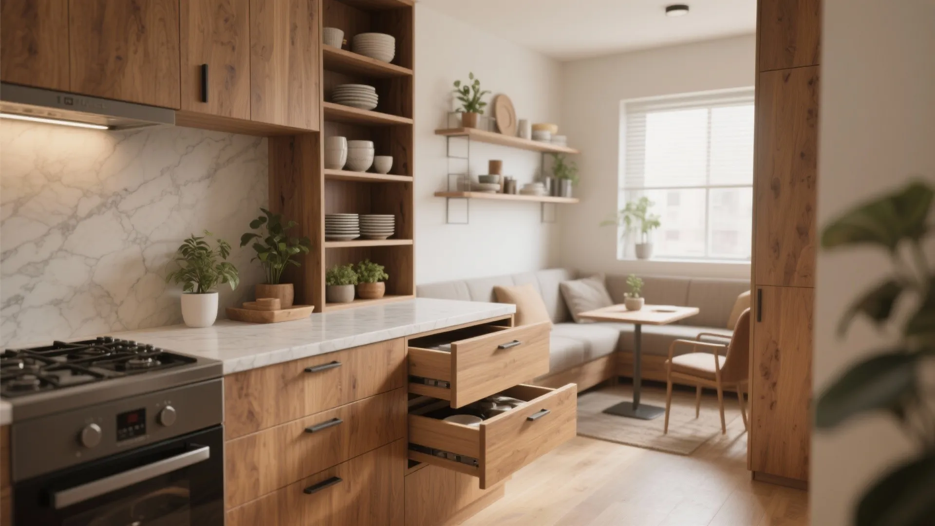 Wooden kitchen cabinet with two open drawers for storage next to a small dining area