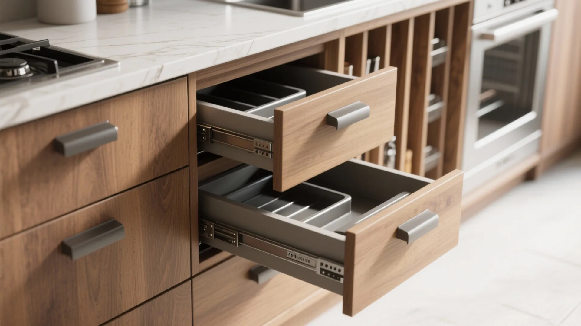 Open wooden kitchen cabinet drawers with internal storage organizers and white marble countertop in kitchen