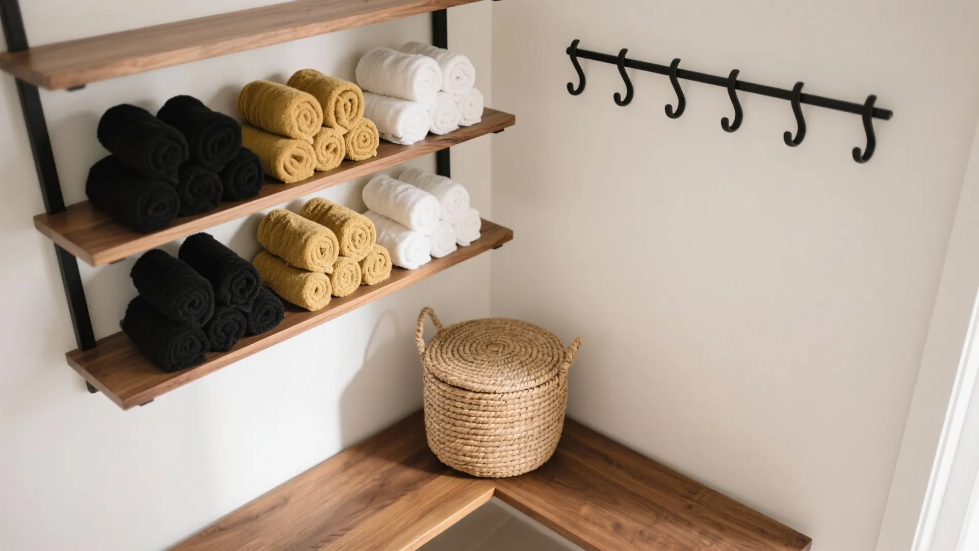 Top-down view of open shelves with rolled black, gold, and white towels, a bench, and spaced wall hooks.