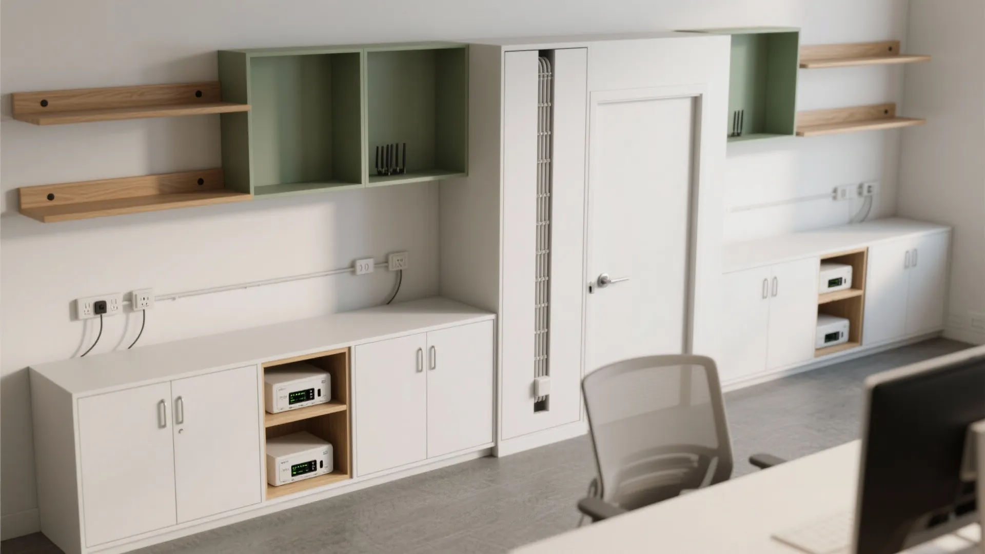 Idea 3: Hybrid storage—shallow cabinets, open shelves, cable brain
