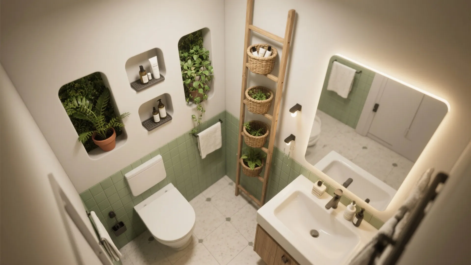 Top-down plan of a small bathroom showing recessed niches, ladder shelf, baskets and plant drip tray placements.