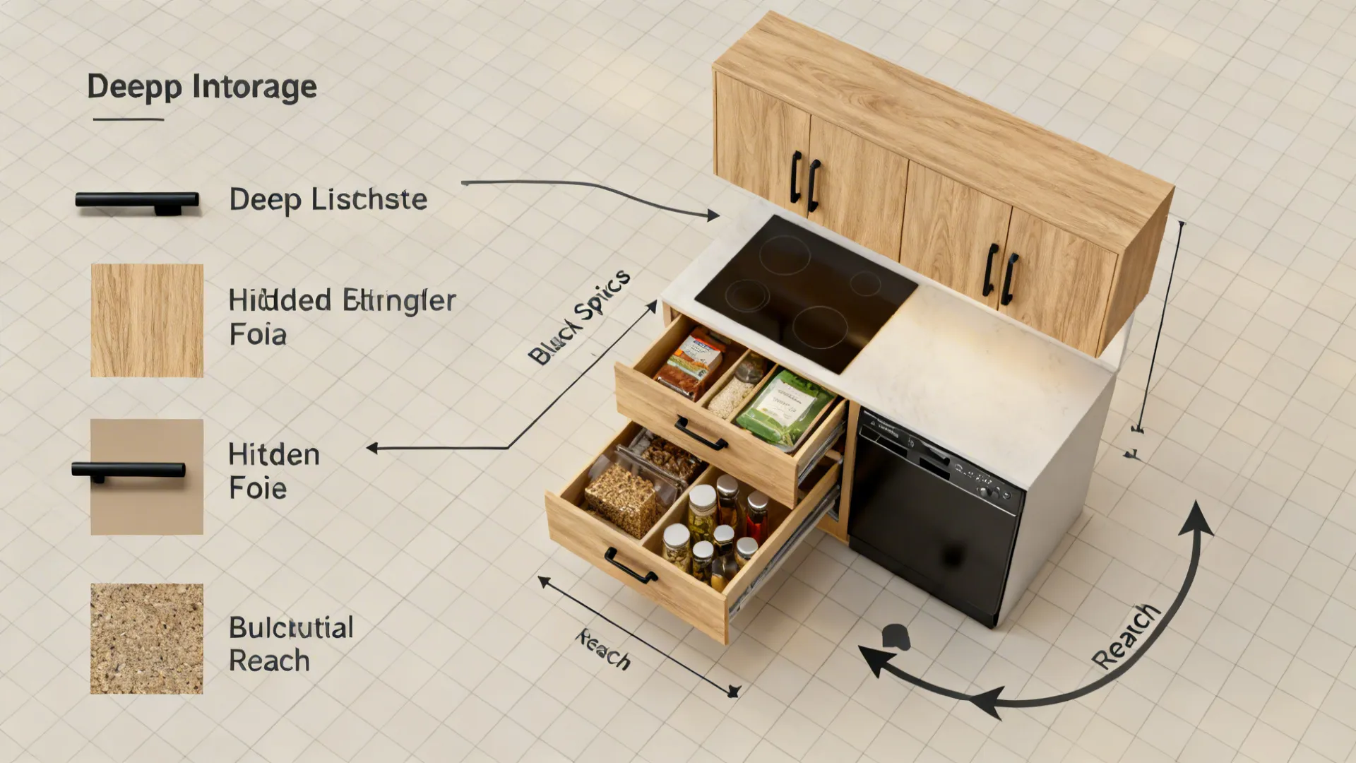 Top-down layout showing deep drawer zones and cleared upper cabinets for a compact kitchen.