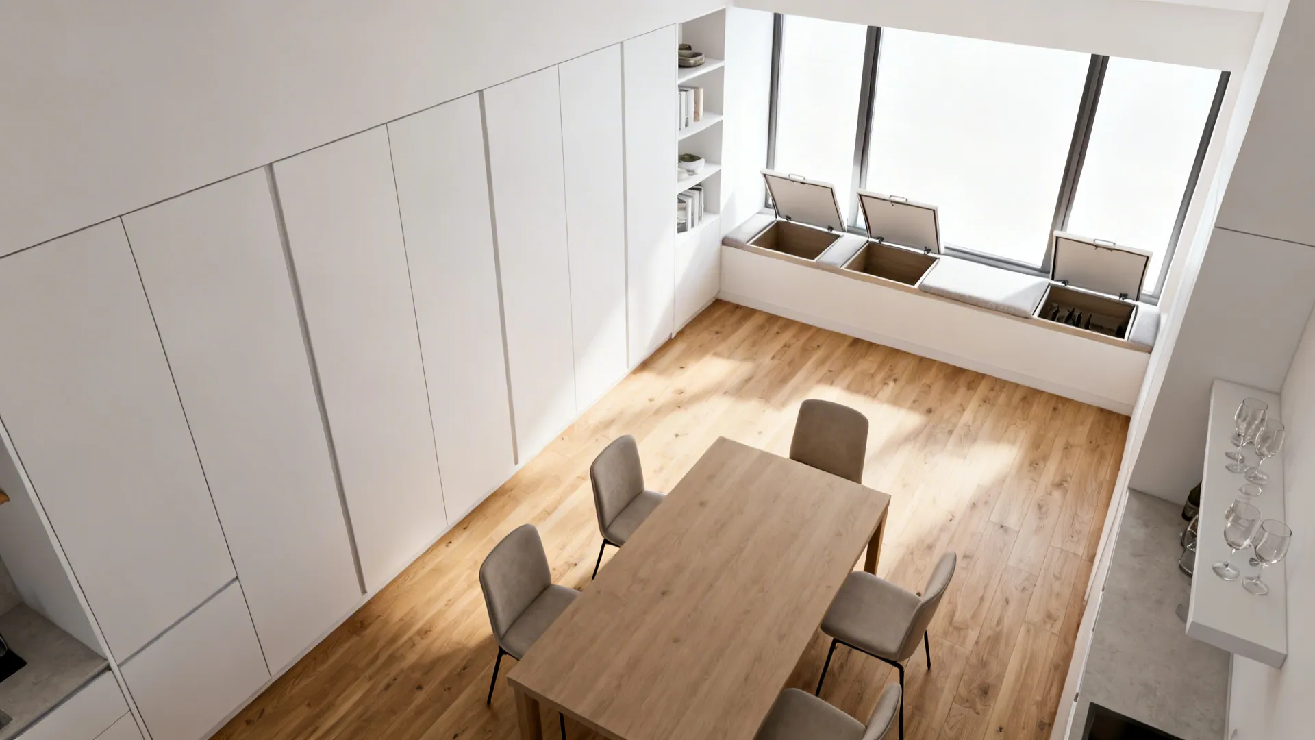 Storage that disappears: verticals, benches, and closed-open balance